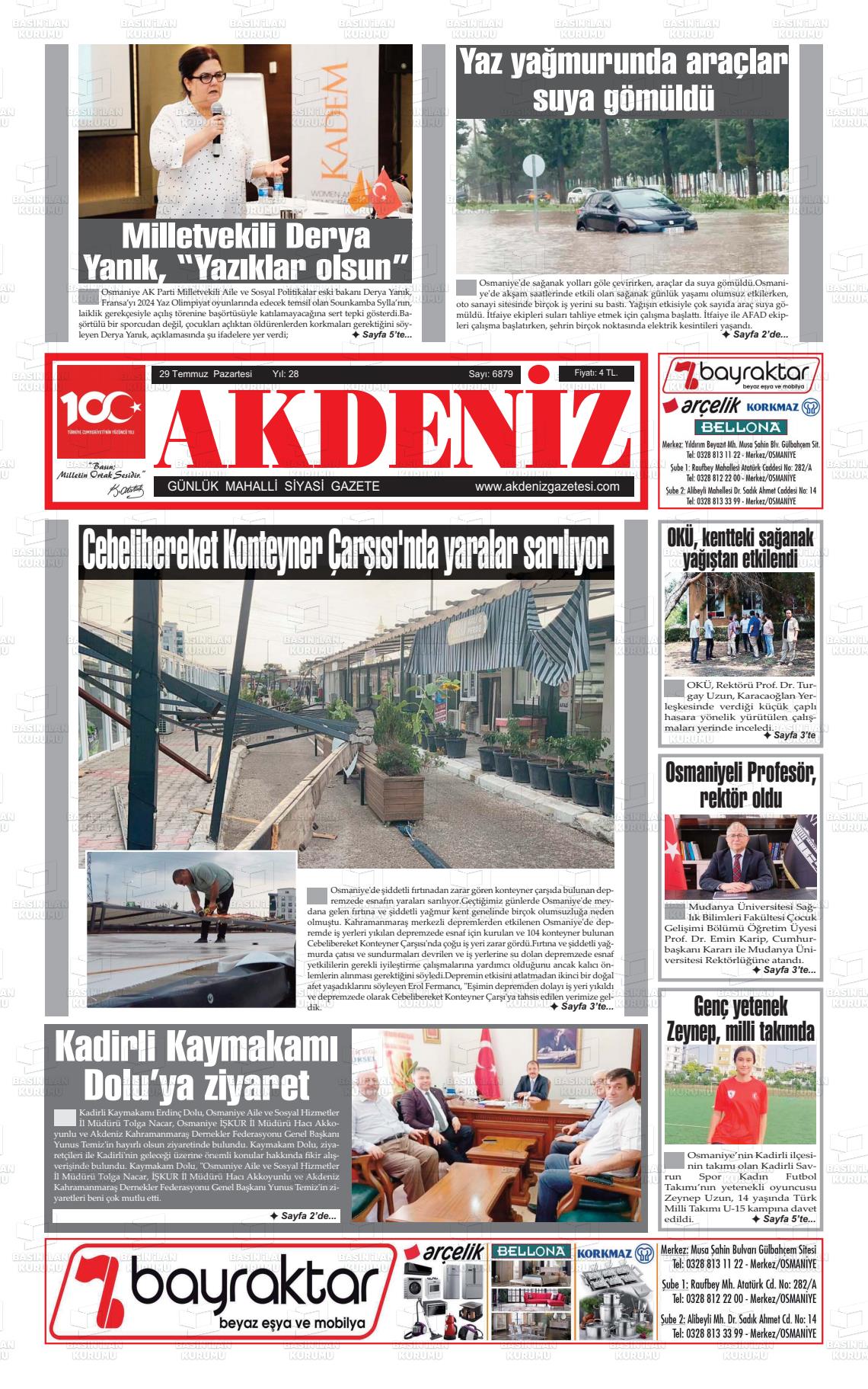 29 Temmuz 2024 Osmaniye Akdeniz Gazete Manşeti