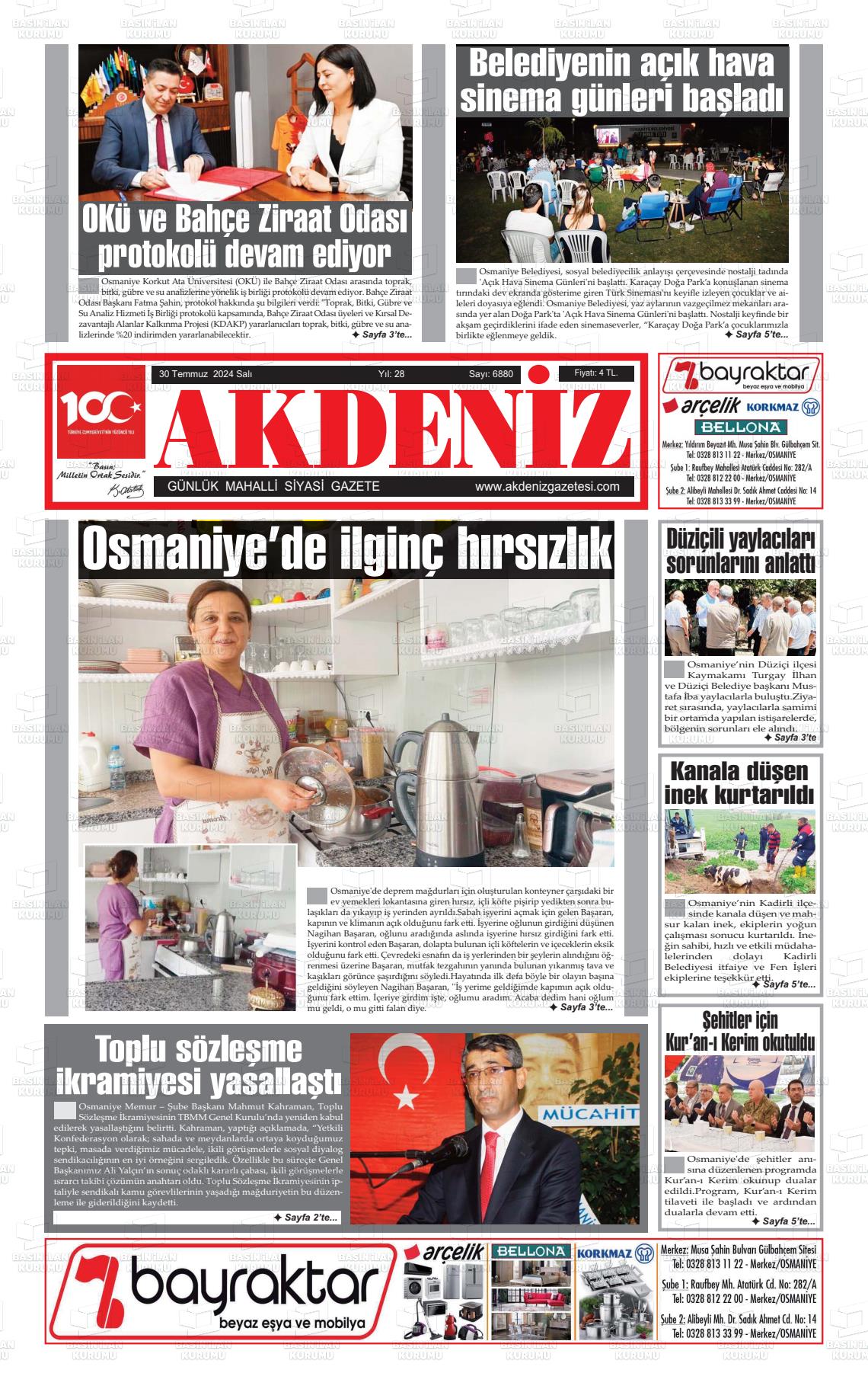 30 Temmuz 2024 Osmaniye Akdeniz Gazete Manşeti