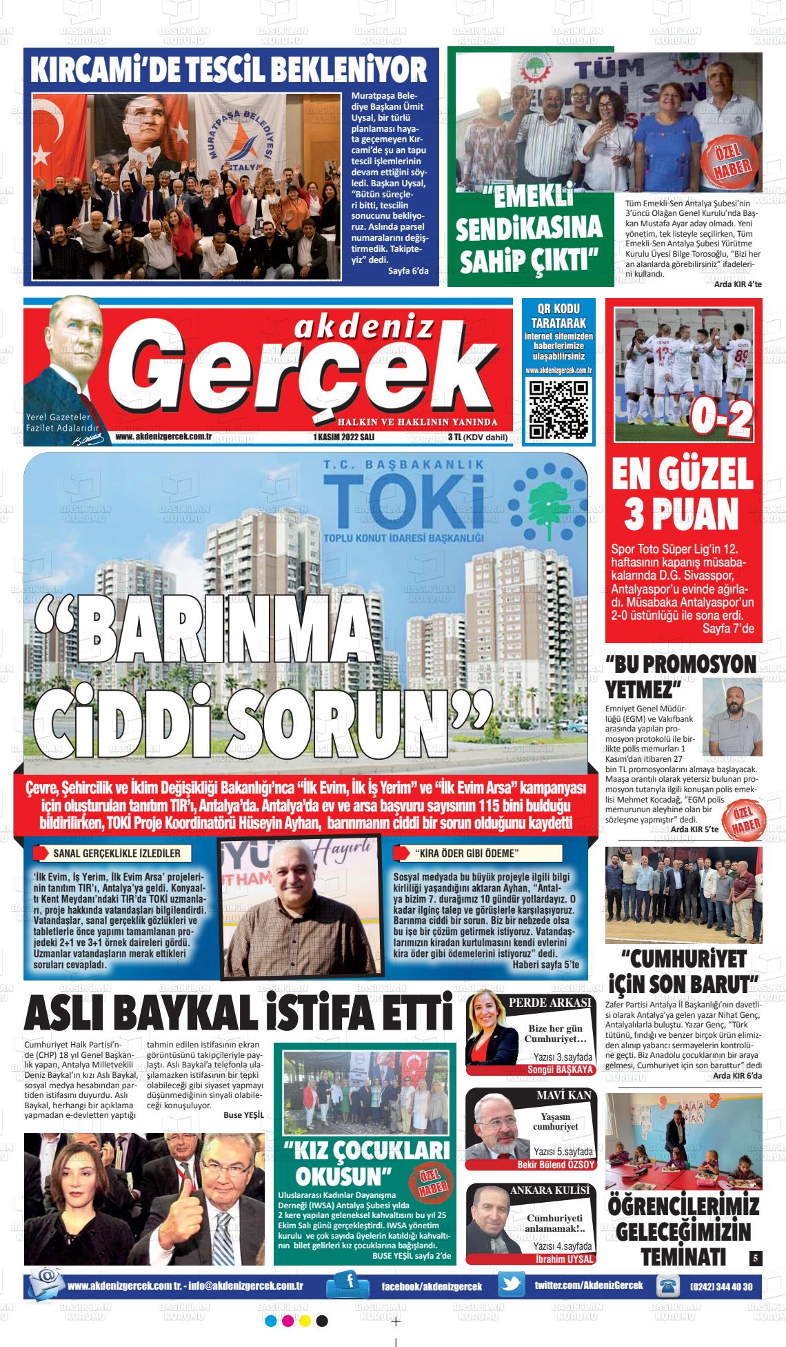 01 Kasım 2022 Akdeniz Gerçek Gazete Manşeti