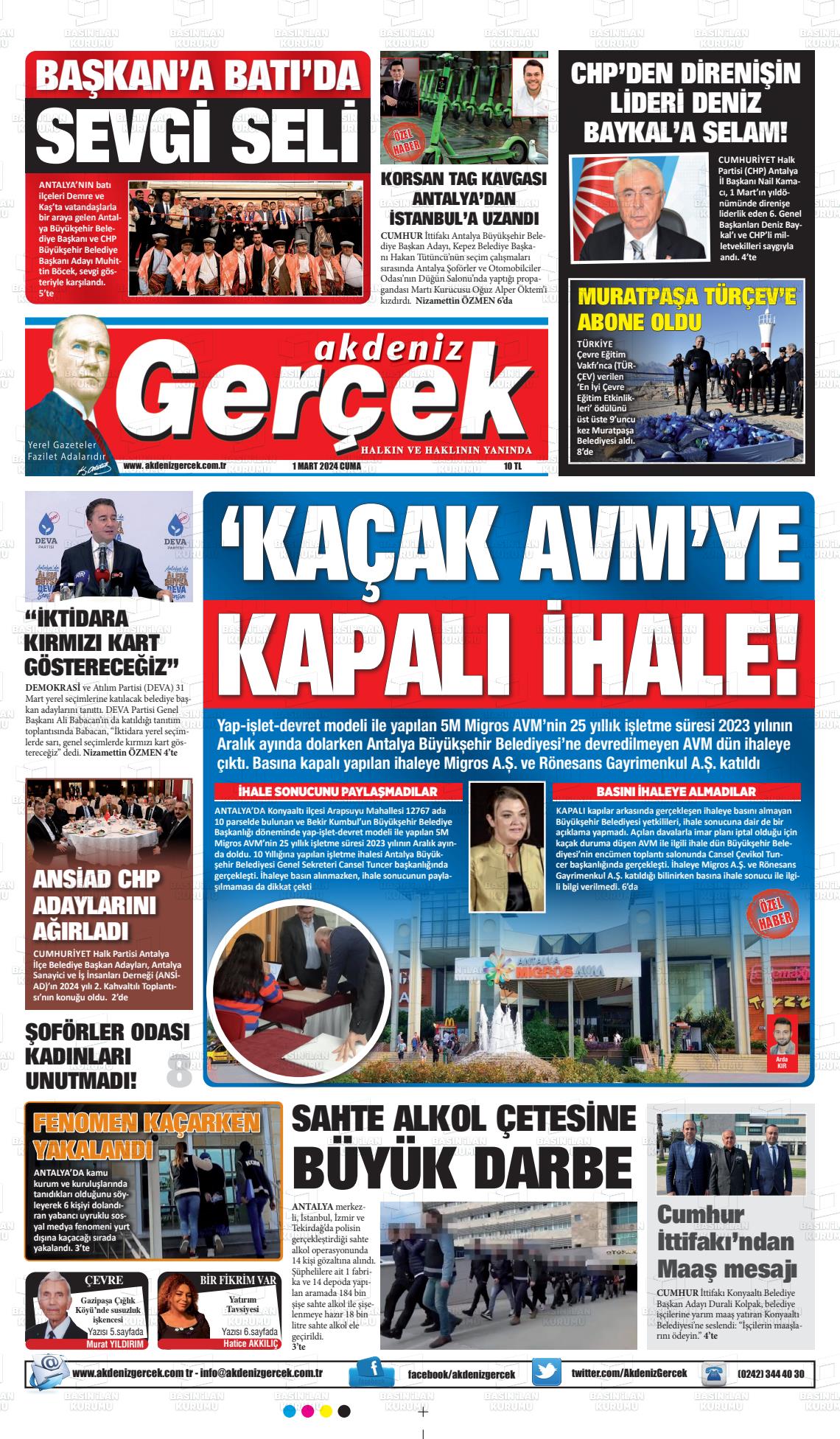 01 Mart 2024 Akdeniz Gerçek Gazete Manşeti