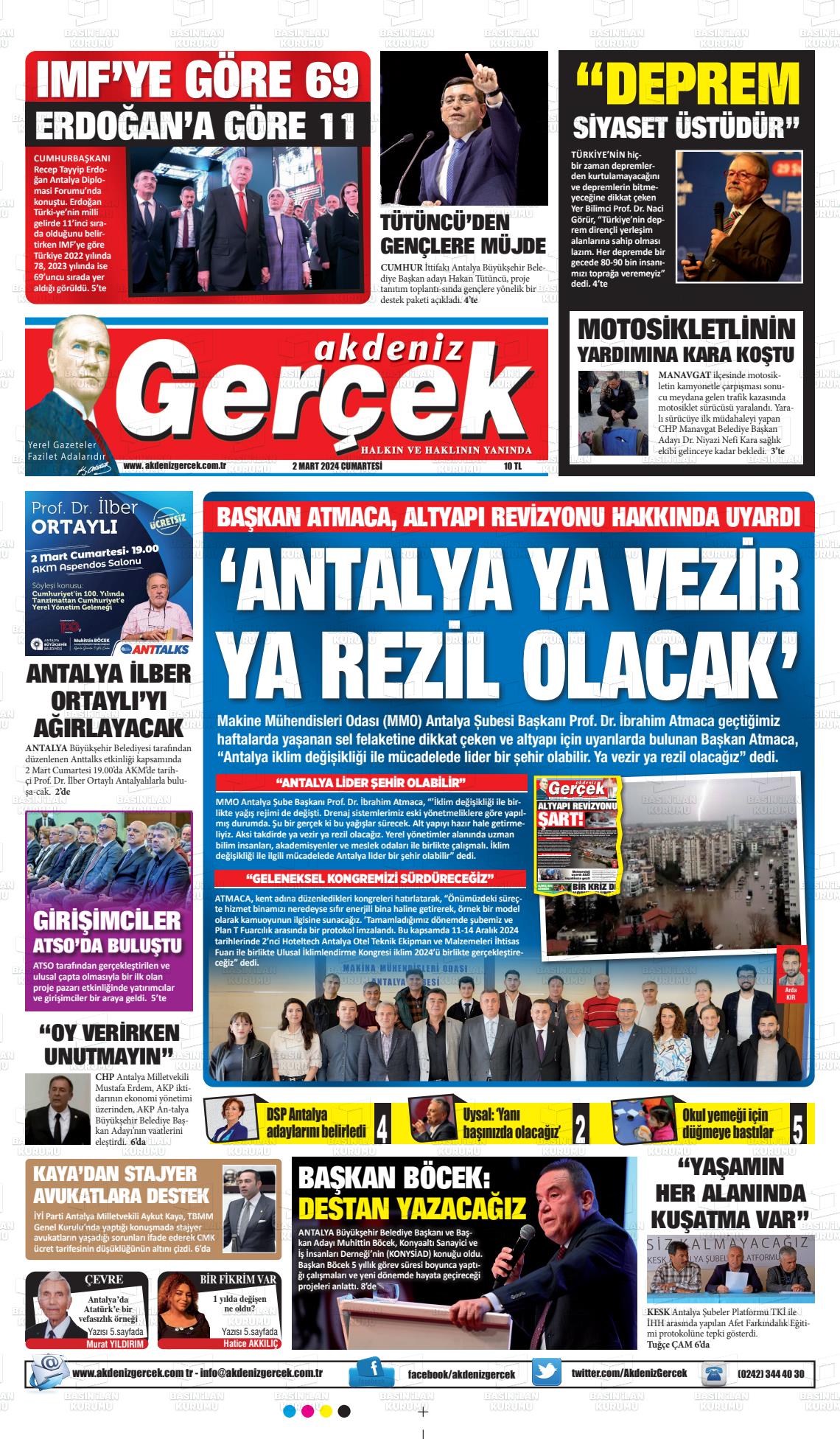 02 Mart 2024 Akdeniz Gerçek Gazete Manşeti