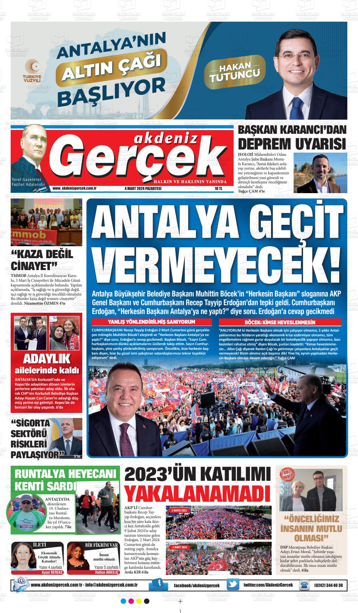 04 Mart 2024 Akdeniz Gerçek Gazete Manşeti