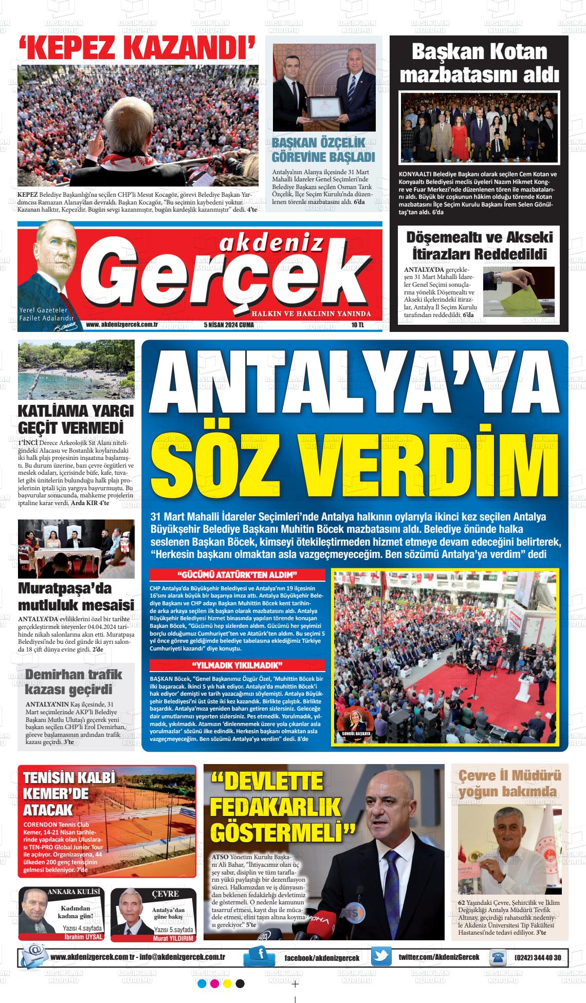 05 Nisan 2024 Akdeniz Gerçek Gazete Manşeti