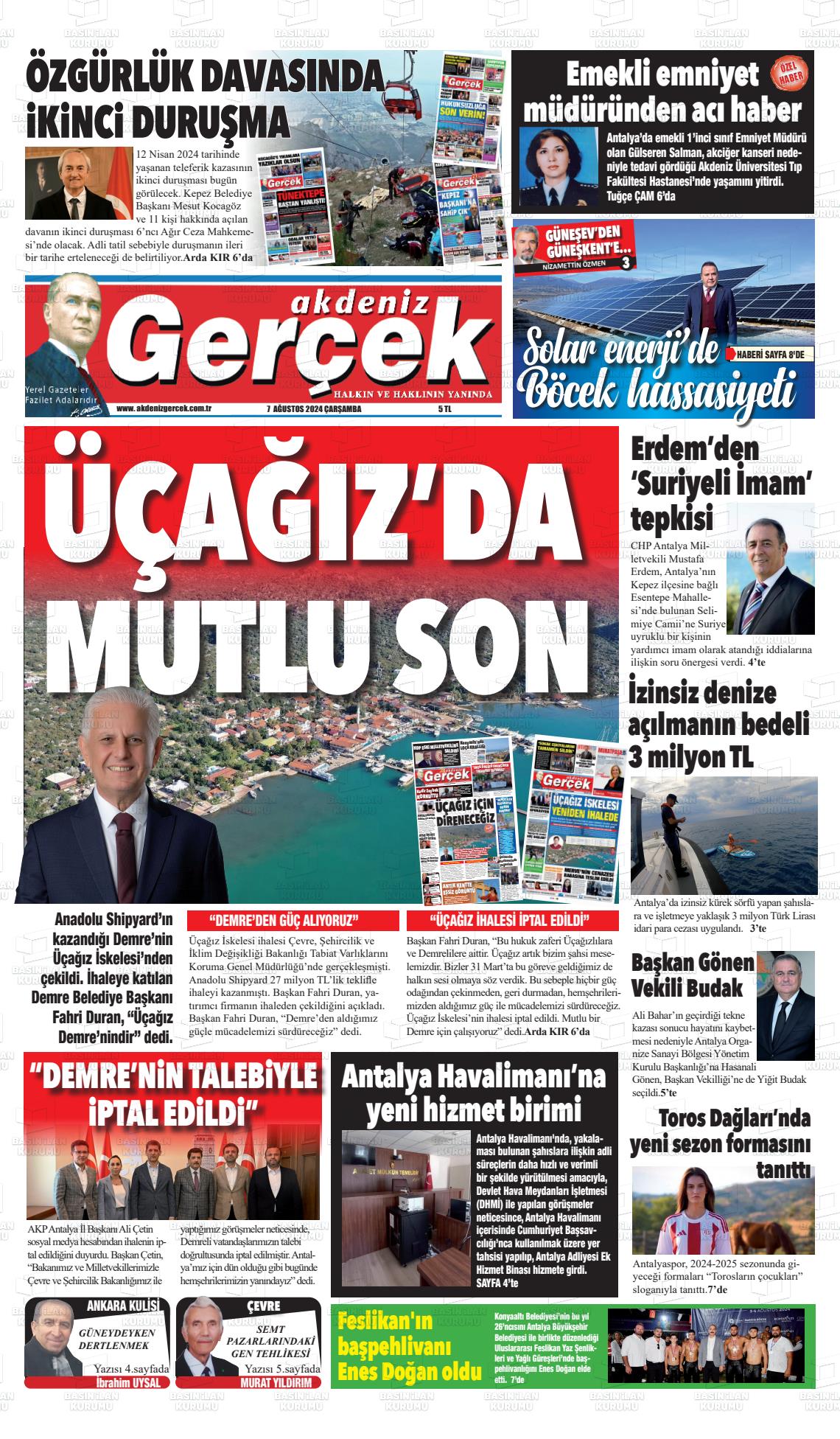 07 Ağustos 2024 Akdeniz Gerçek Gazete Manşeti