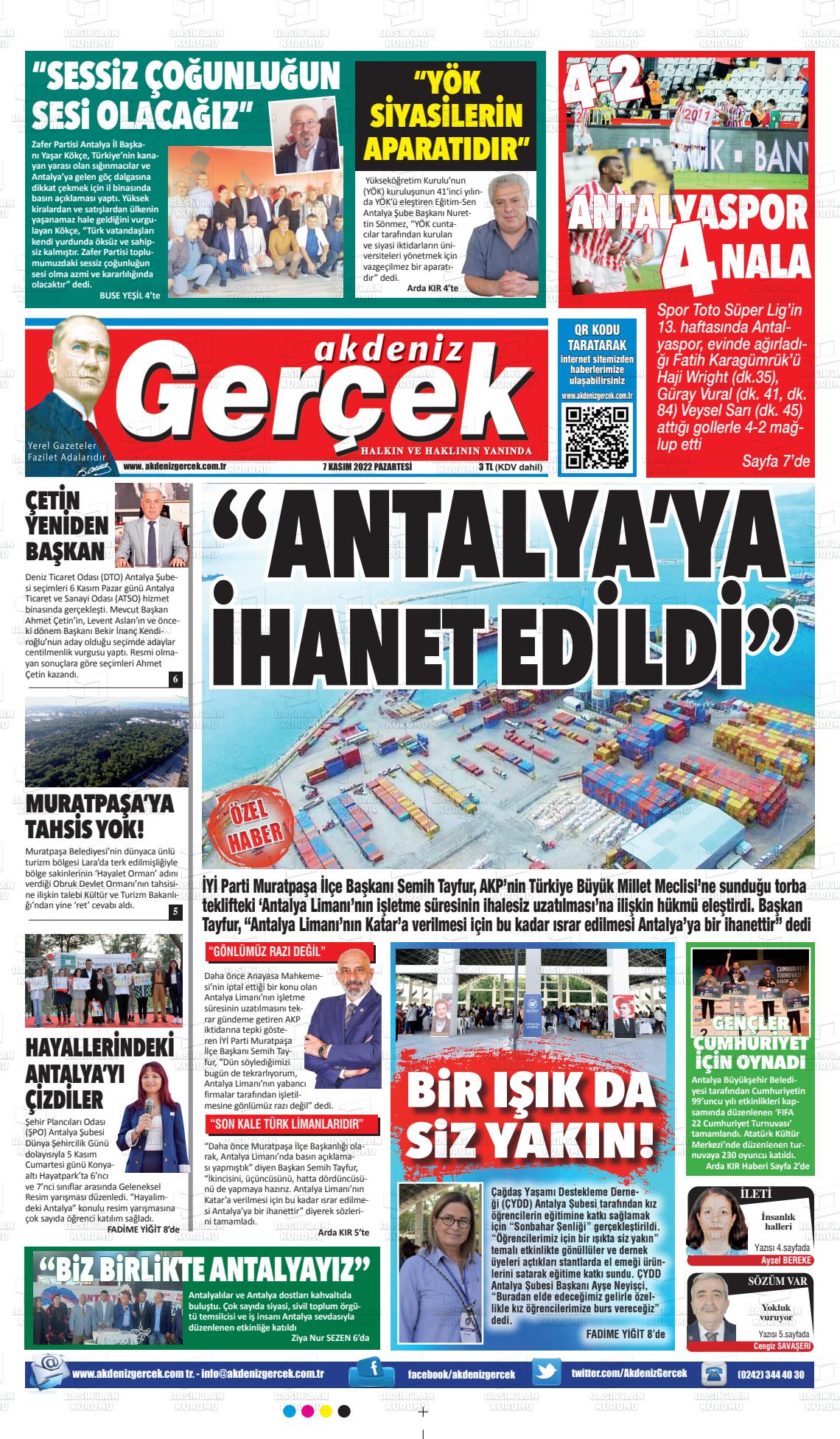 07 Kasım 2022 Akdeniz Gerçek Gazete Manşeti