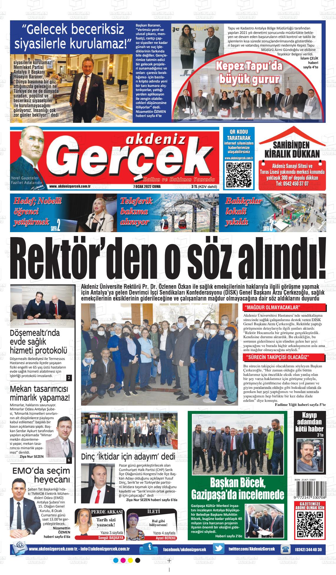 07 Ocak 2022 Akdeniz Gerçek Gazete Manşeti