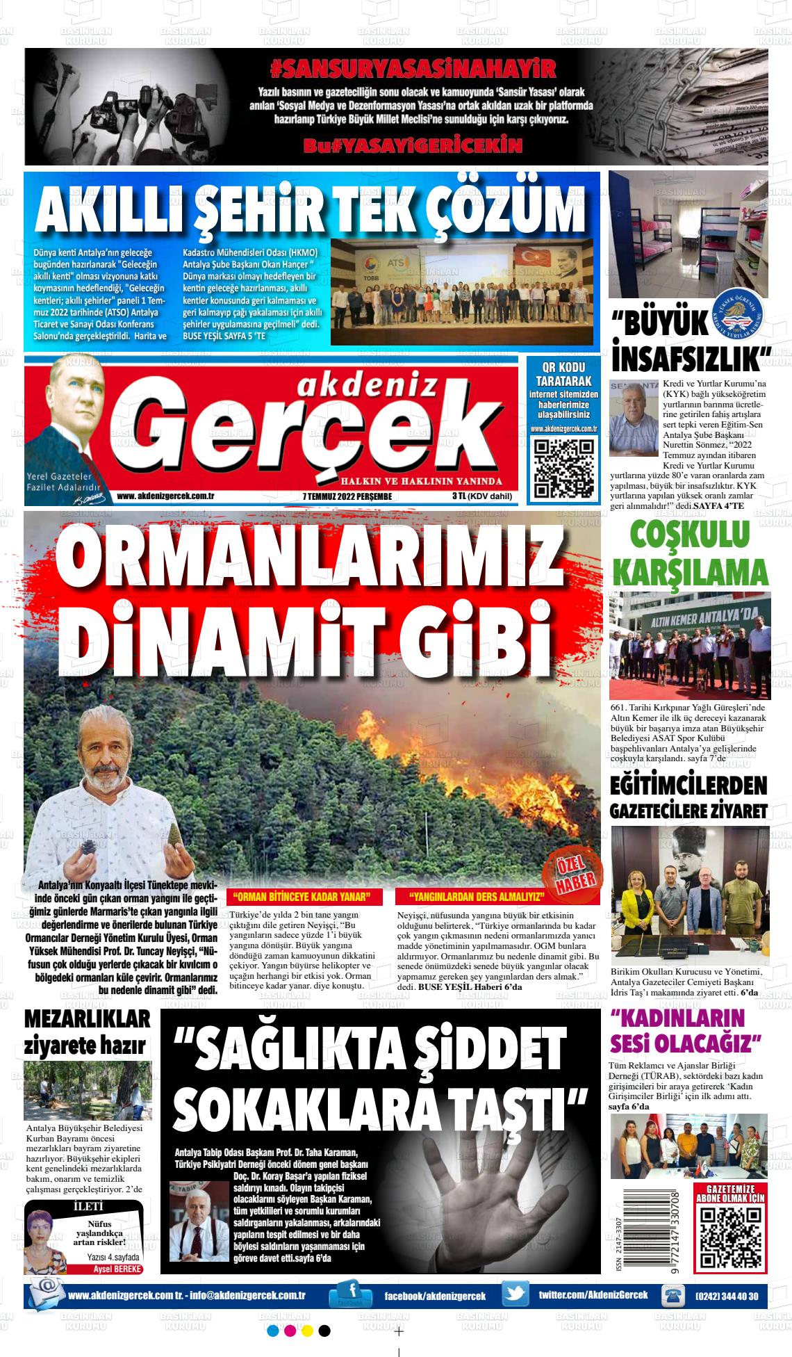 07 Temmuz 2022 Akdeniz Gerçek Gazete Manşeti