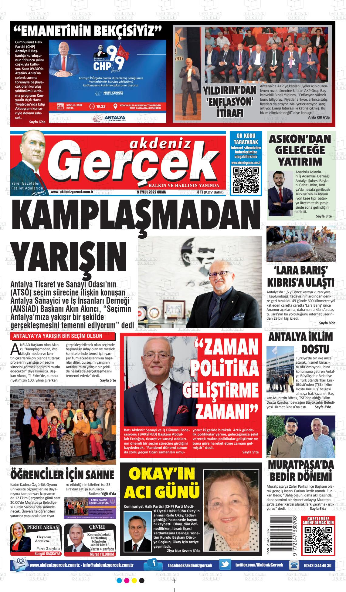 09 Eylül 2022 Akdeniz Gerçek Gazete Manşeti