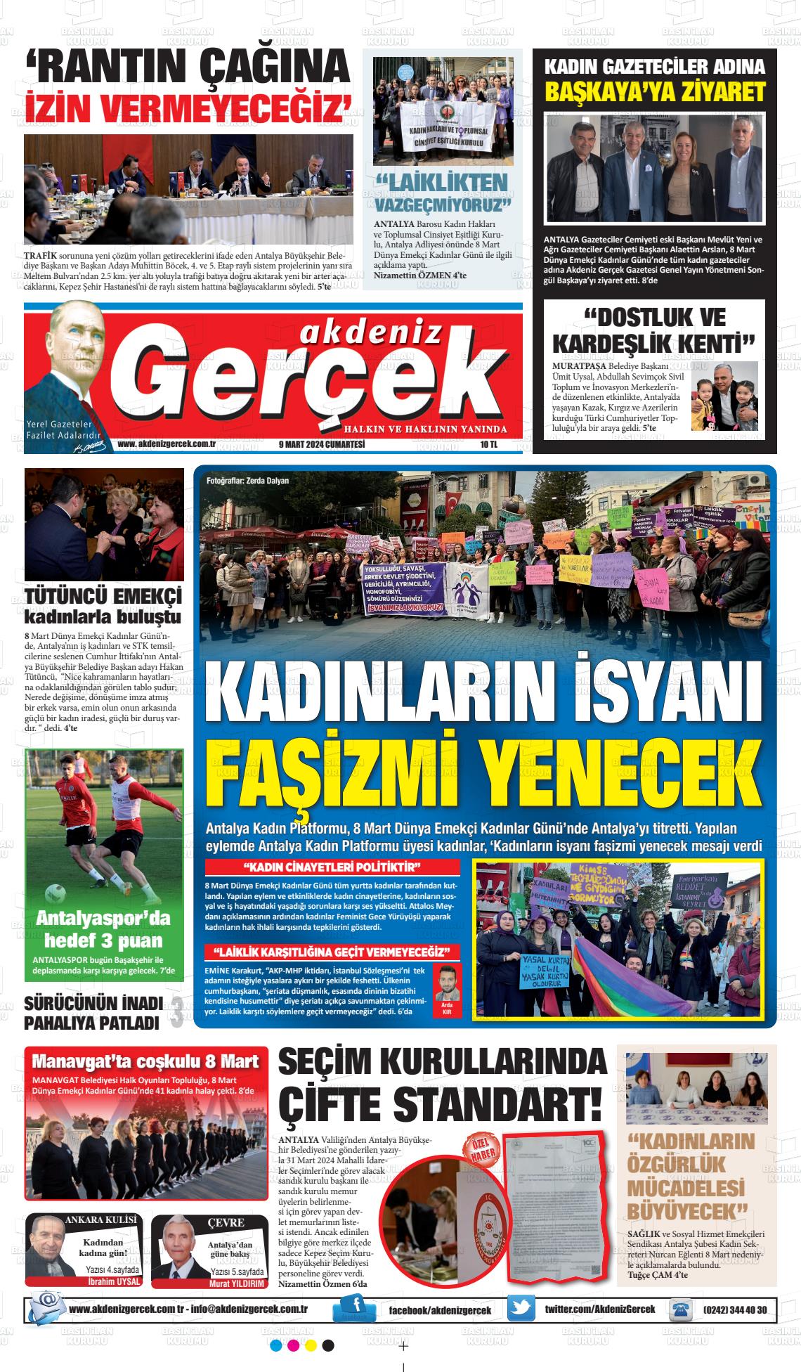 09 Mart 2024 Akdeniz Gerçek Gazete Manşeti