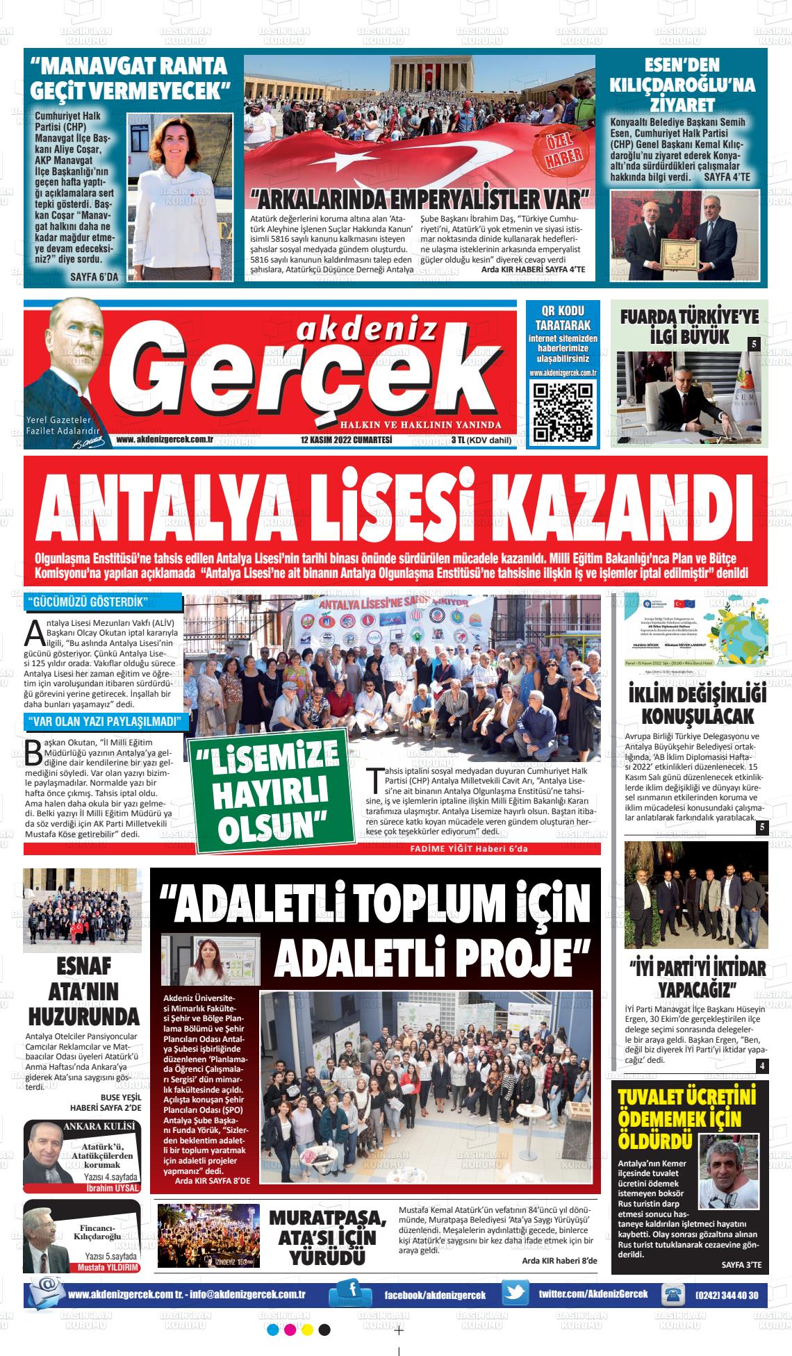 12 Kasım 2022 Akdeniz Gerçek Gazete Manşeti