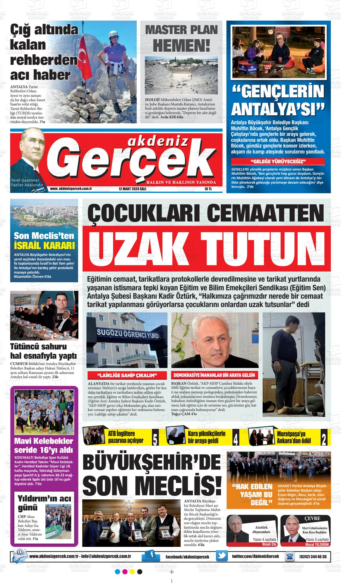 12 Mart 2024 Akdeniz Gerçek Gazete Manşeti