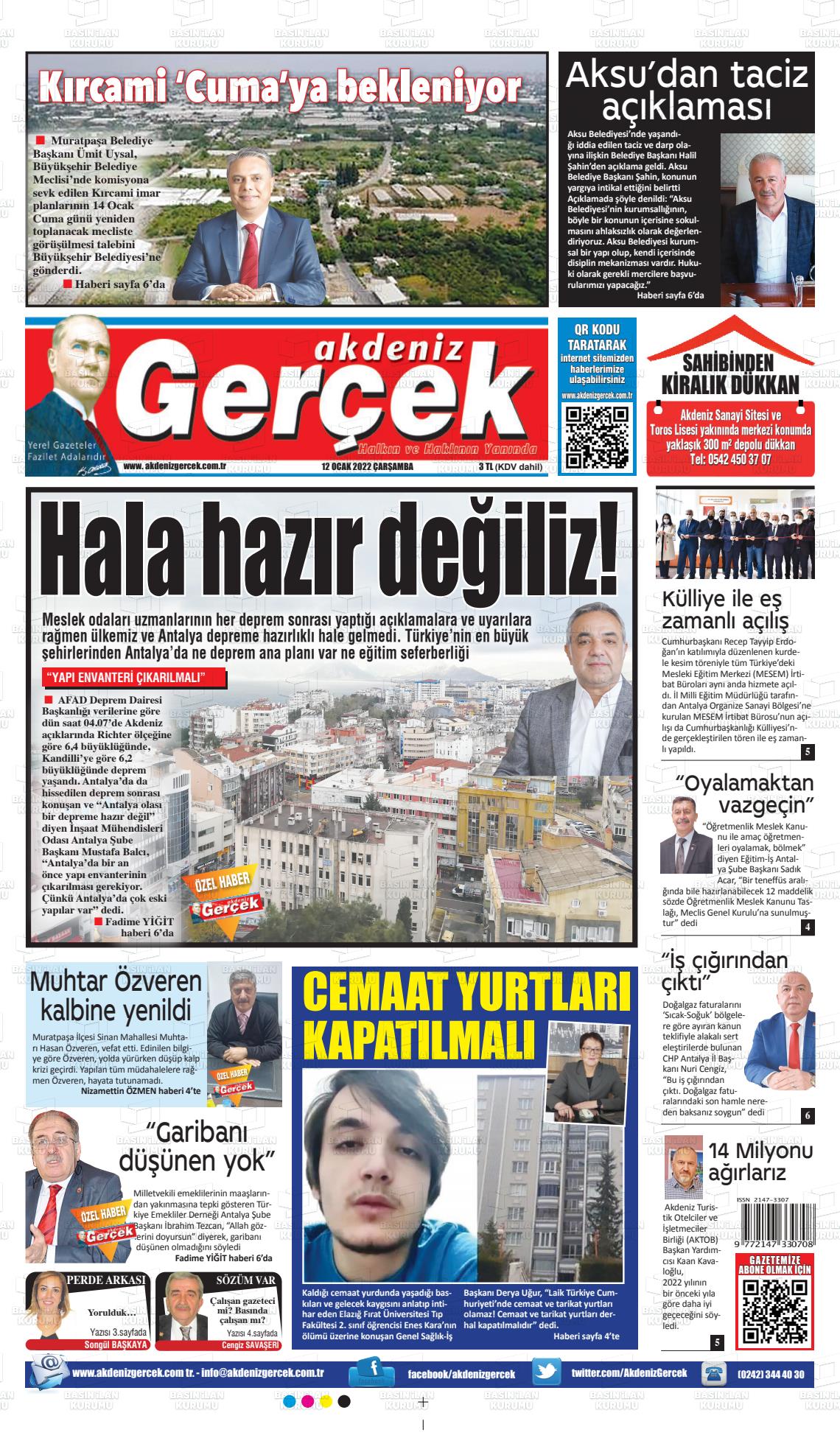 12 Ocak 2022 Akdeniz Gerçek Gazete Manşeti