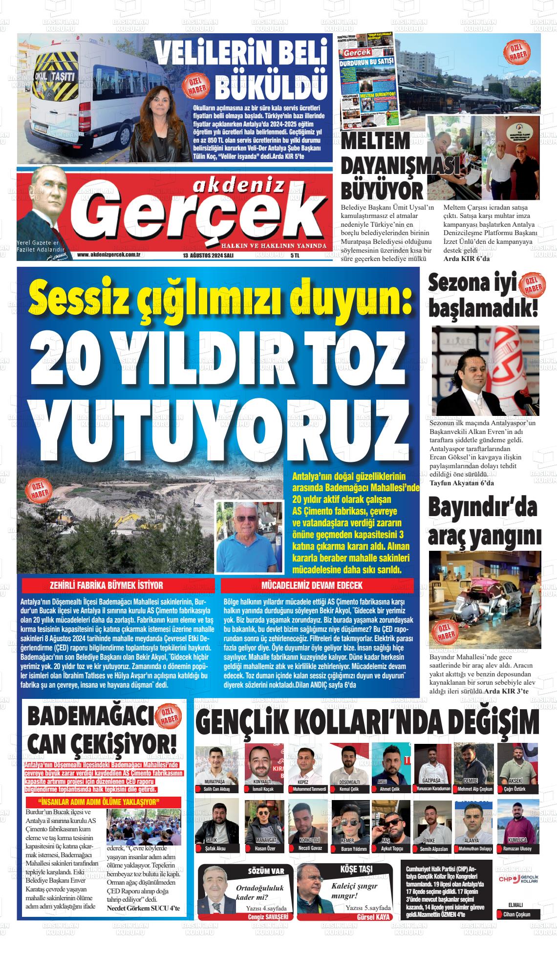 13 Ağustos 2024 Akdeniz Gerçek Gazete Manşeti