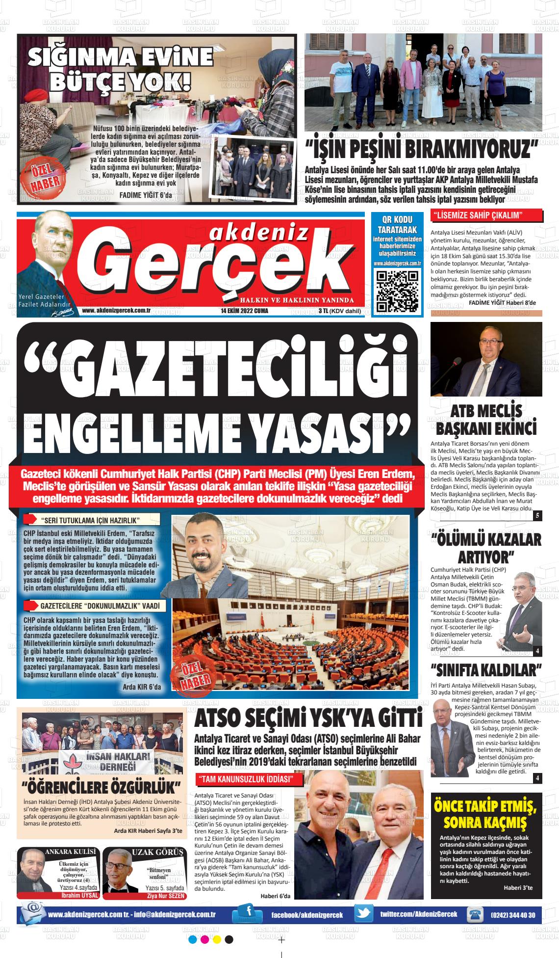 14 Ekim 2022 Akdeniz Gerçek Gazete Manşeti