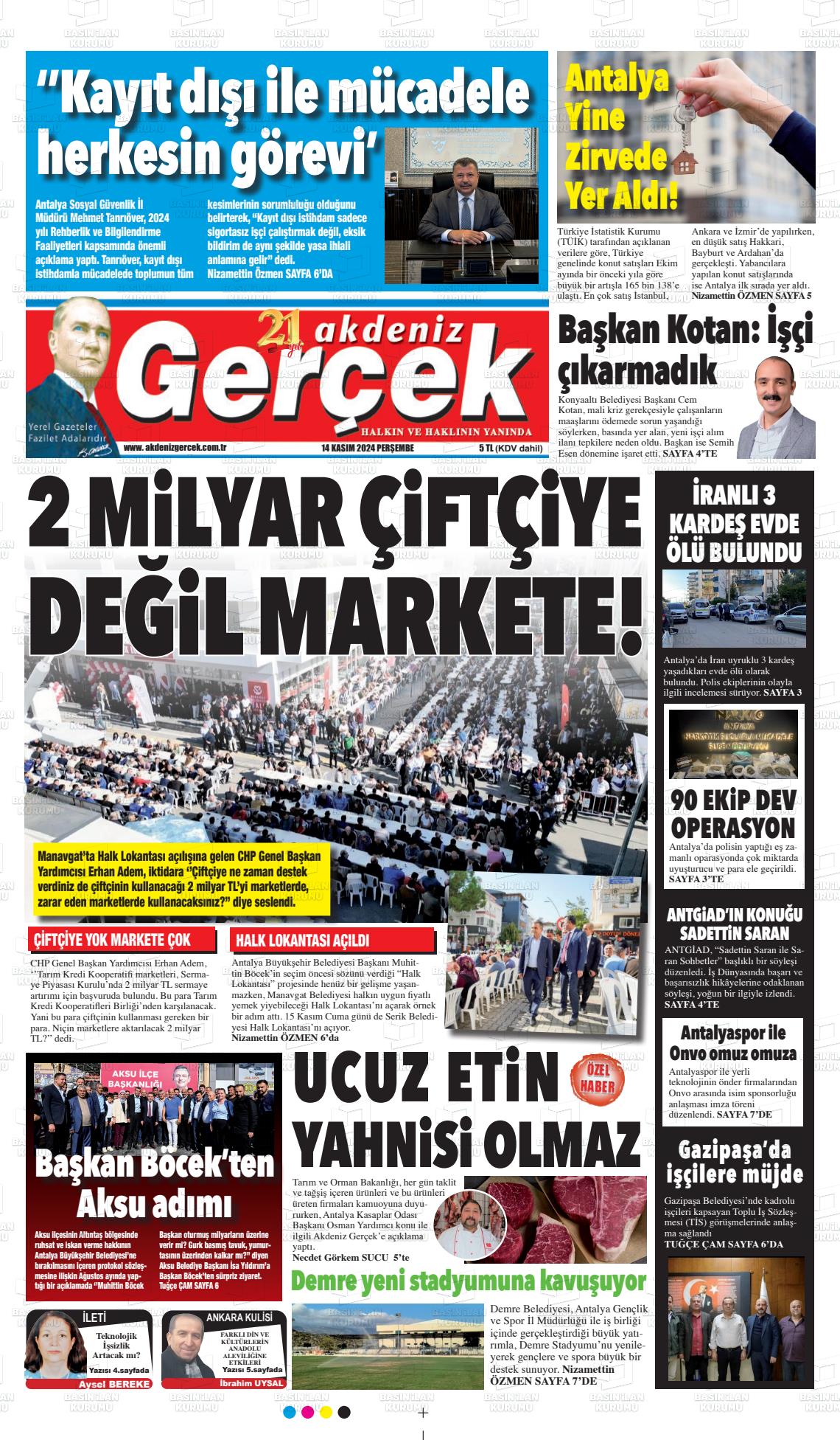 14 Kasım 2024 Akdeniz Gerçek Gazete Manşeti