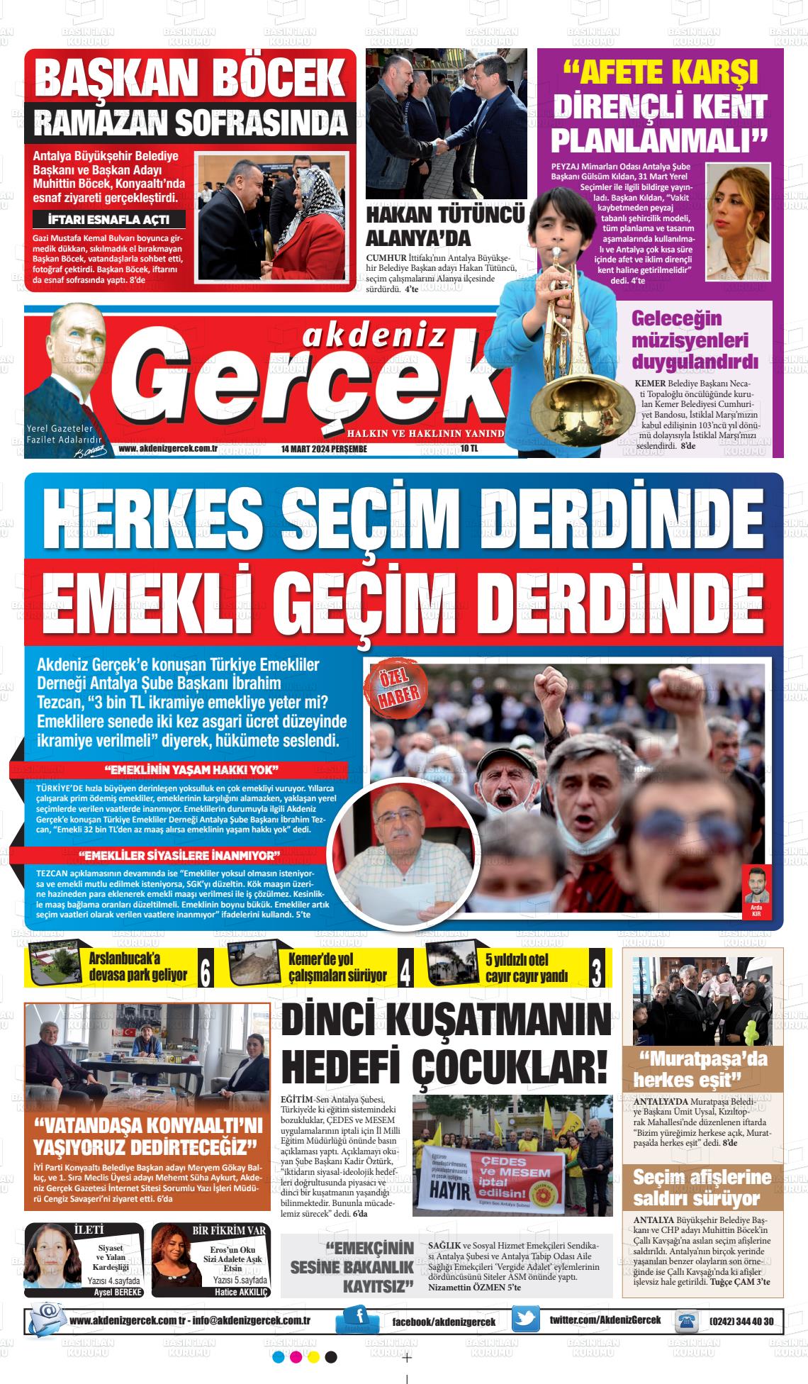 14 Mart 2024 Akdeniz Gerçek Gazete Manşeti