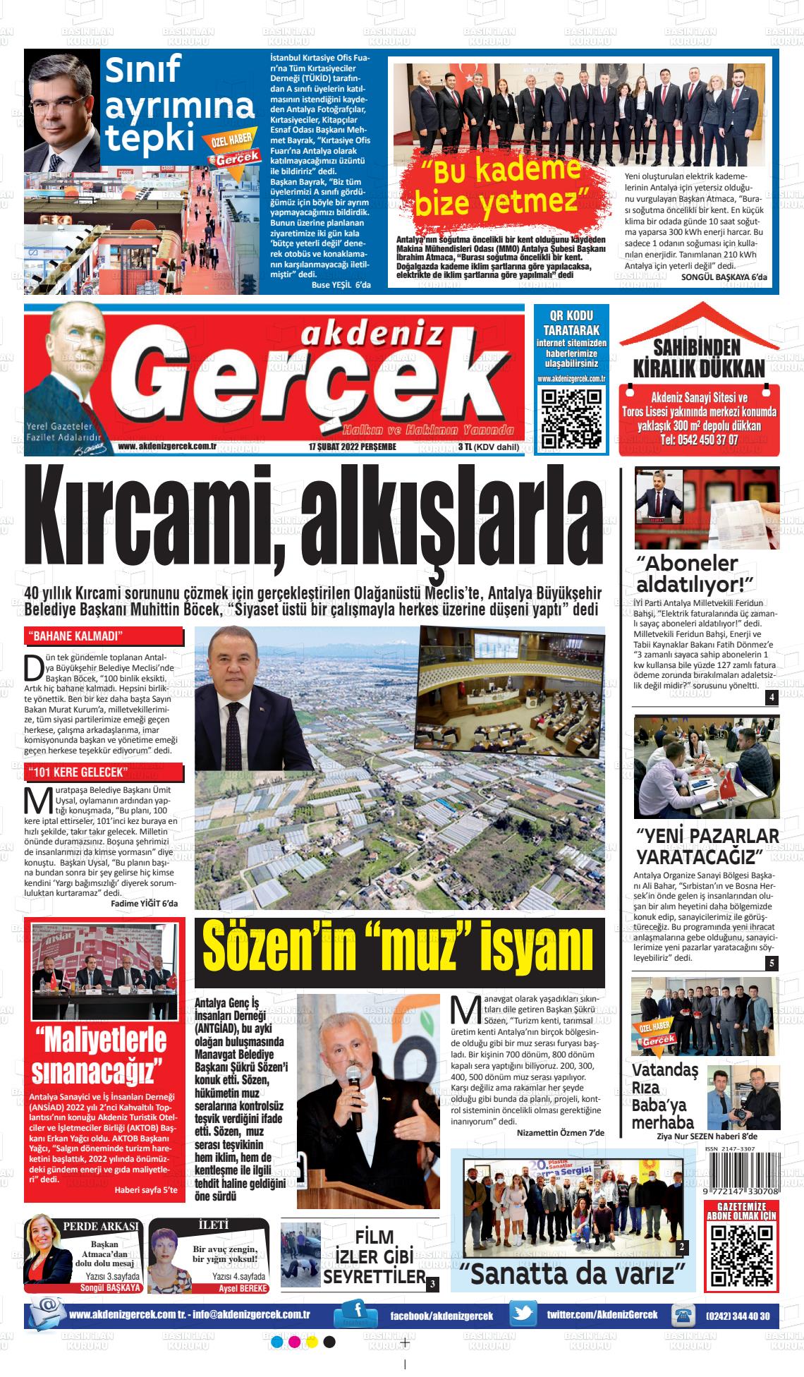 17 Şubat 2022 Akdeniz Gerçek Gazete Manşeti