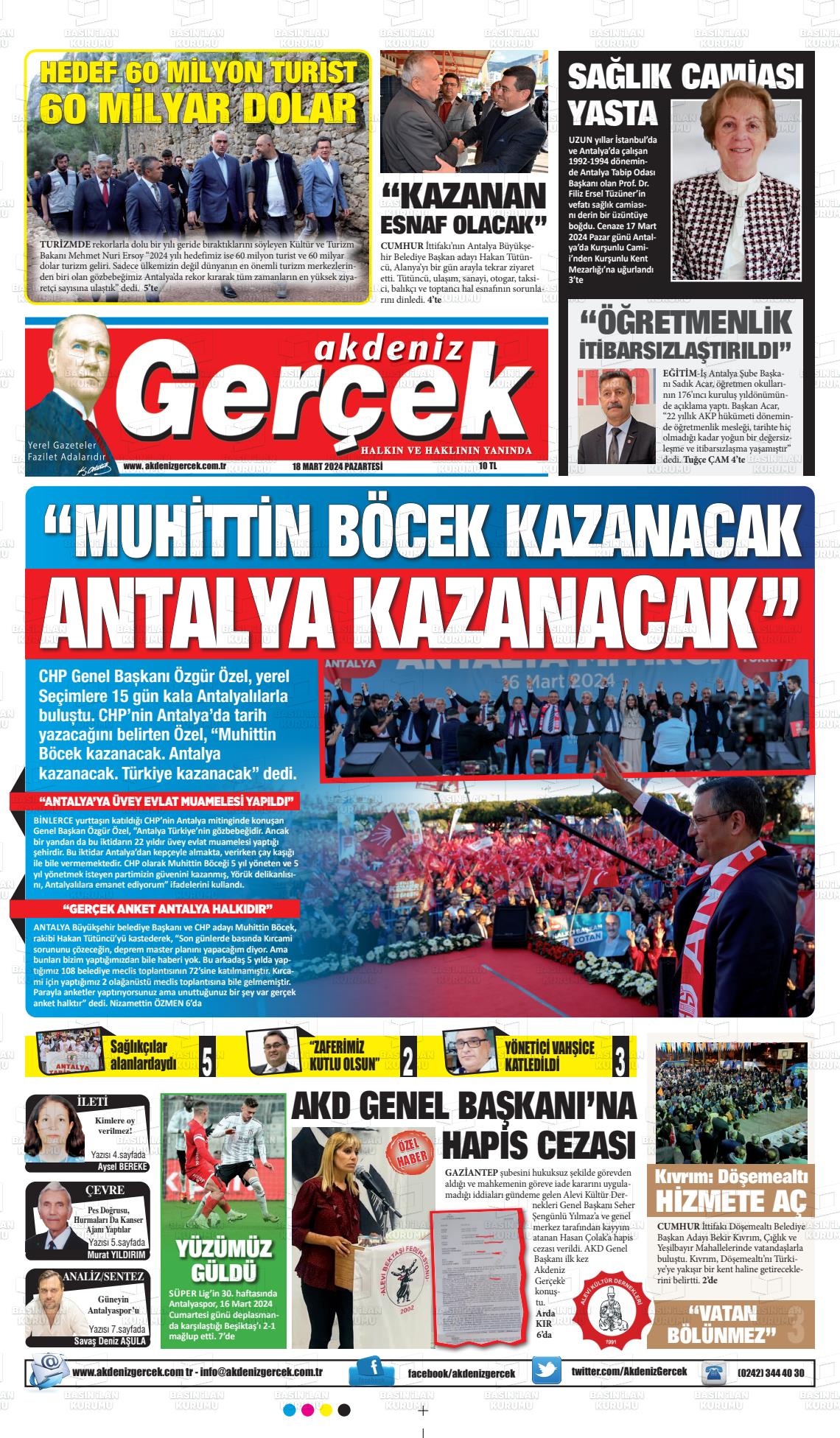 18 Mart 2024 Akdeniz Gerçek Gazete Manşeti