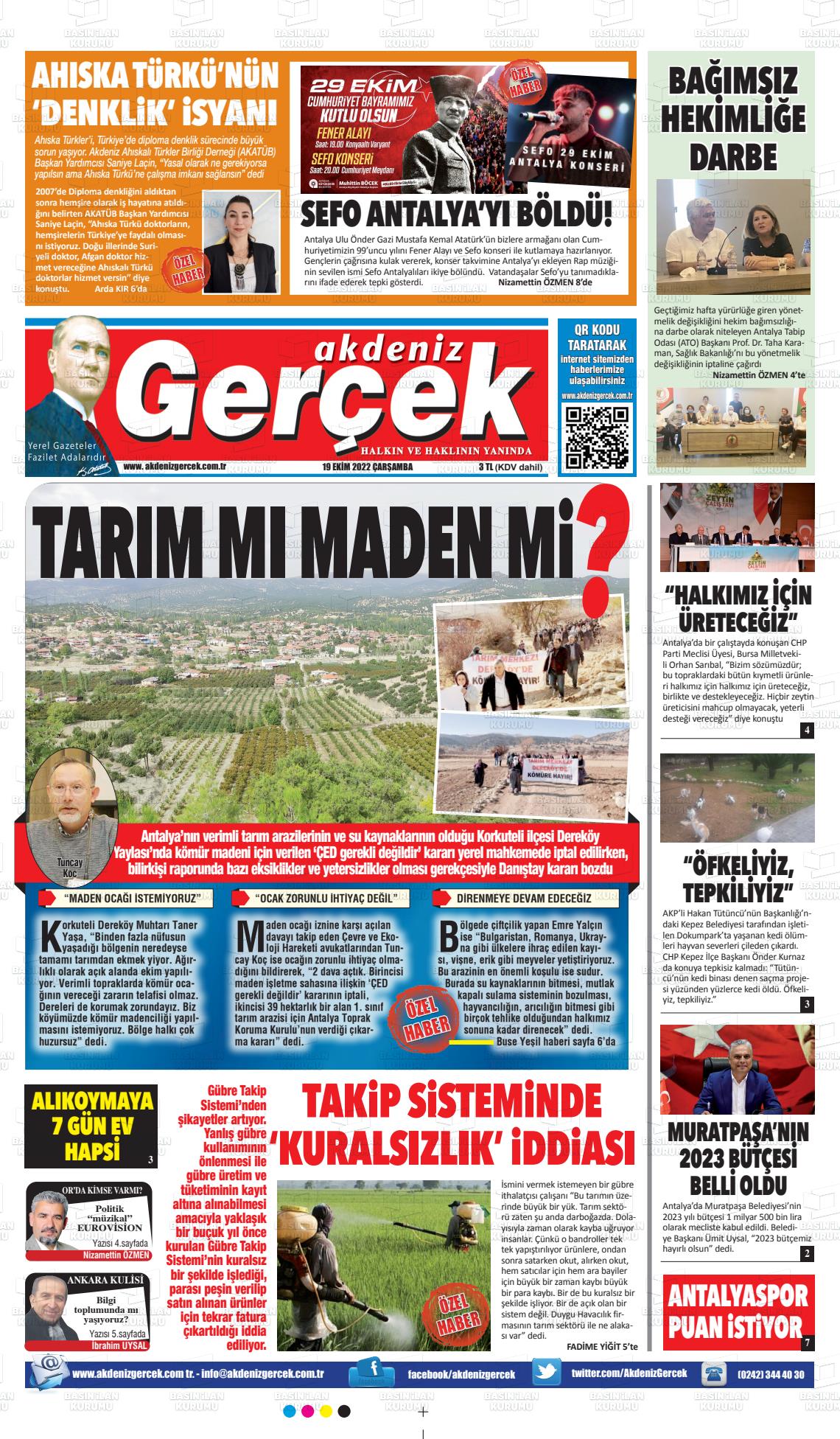 19 Ekim 2022 Akdeniz Gerçek Gazete Manşeti