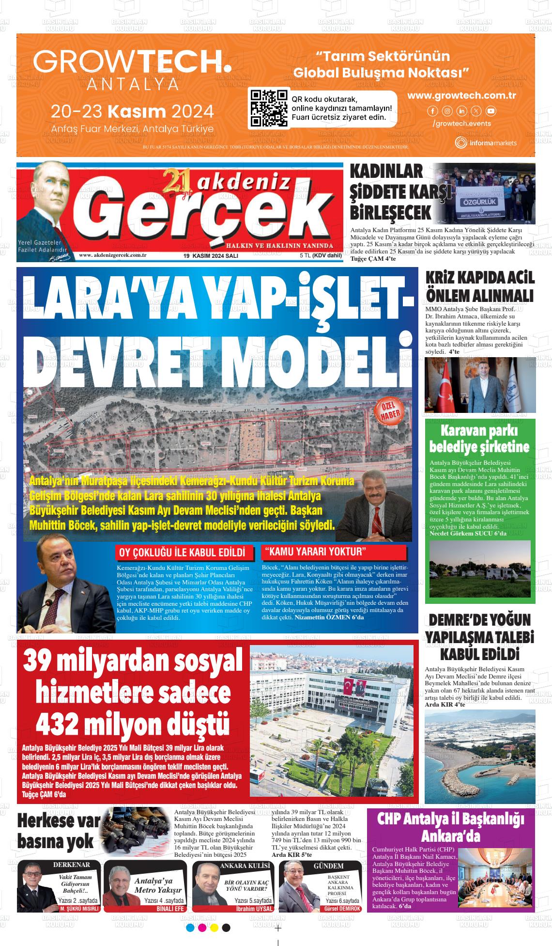 19 Kasım 2024 Akdeniz Gerçek Gazete Manşeti