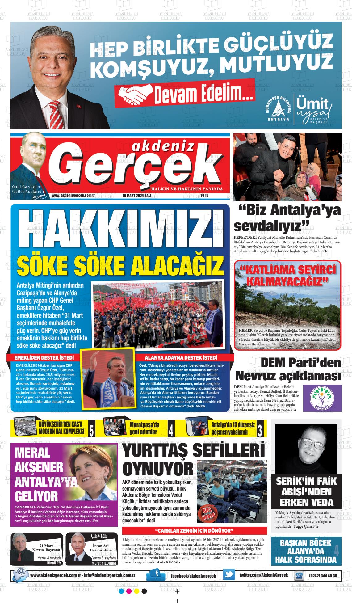 19 Mart 2024 Akdeniz Gerçek Gazete Manşeti