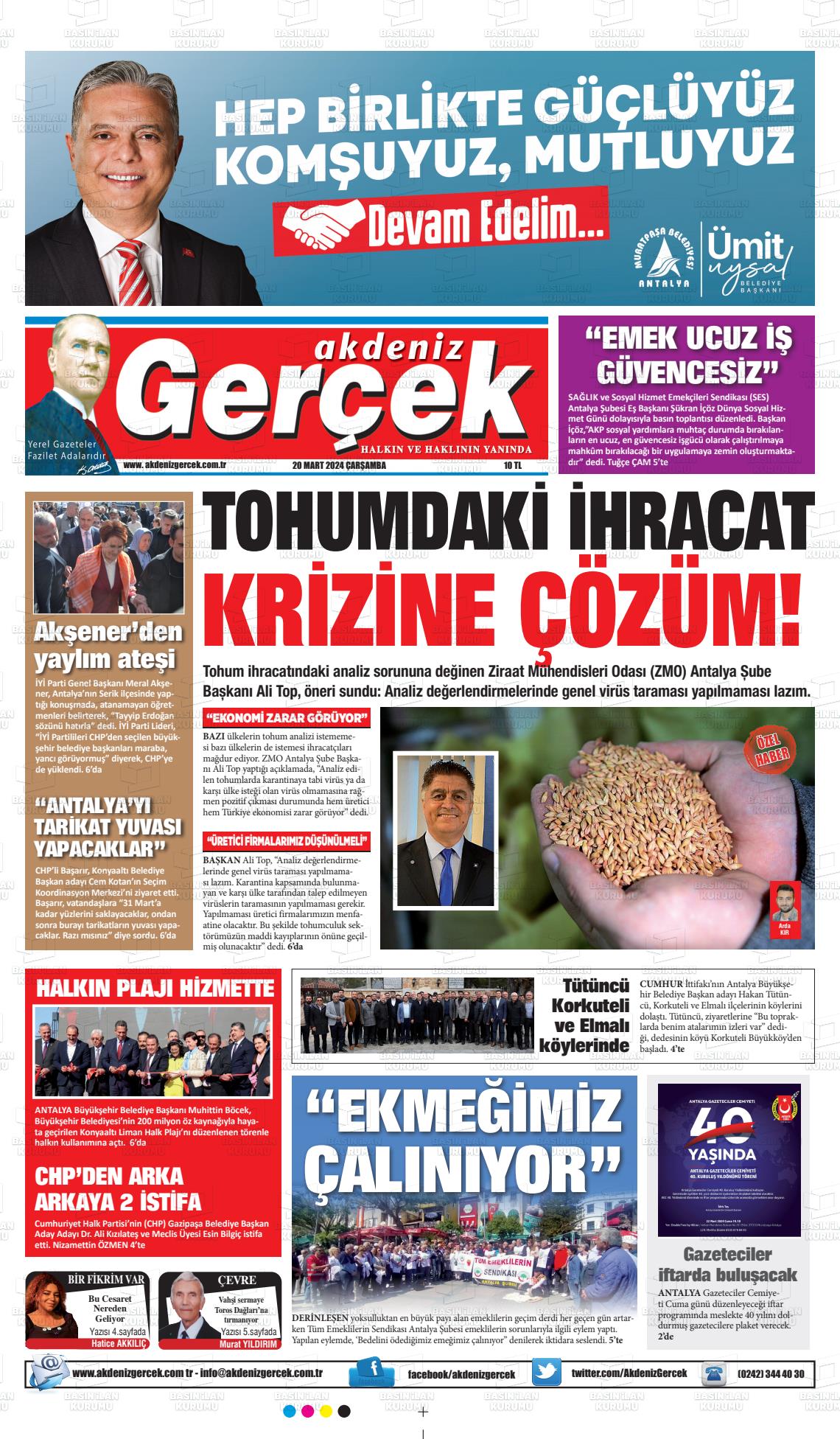 20 Mart 2024 Akdeniz Gerçek Gazete Manşeti