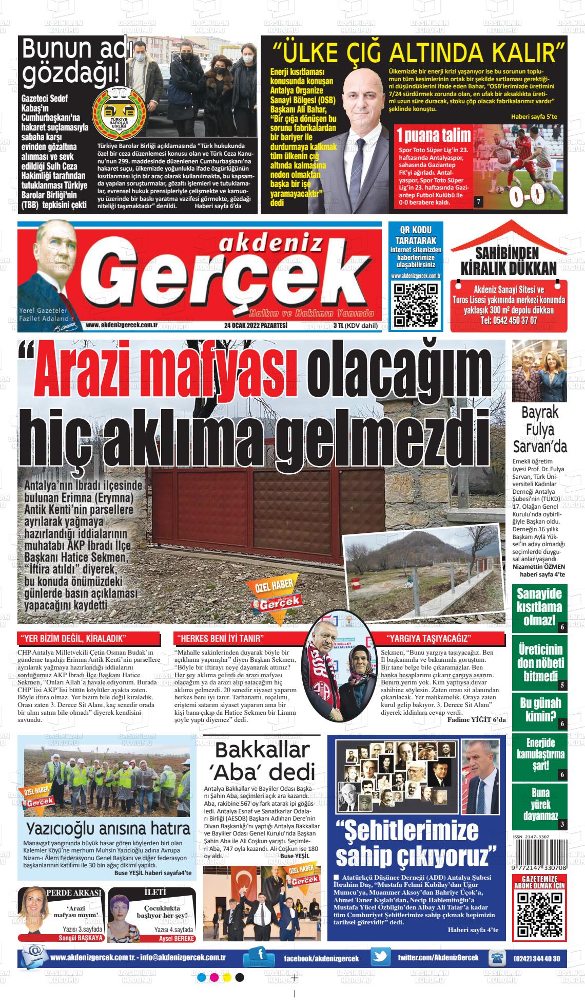 24 Ocak 2022 Akdeniz Gerçek Gazete Manşeti