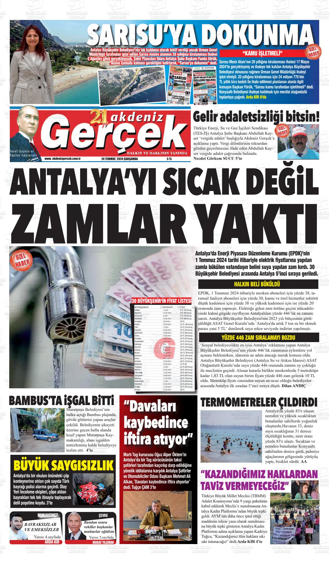 24 Temmuz 2024 Akdeniz Gerçek Gazete Manşeti