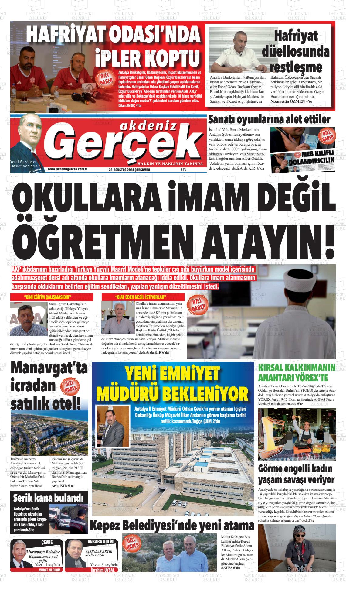 28 Ağustos 2024 Akdeniz Gerçek Gazete Manşeti