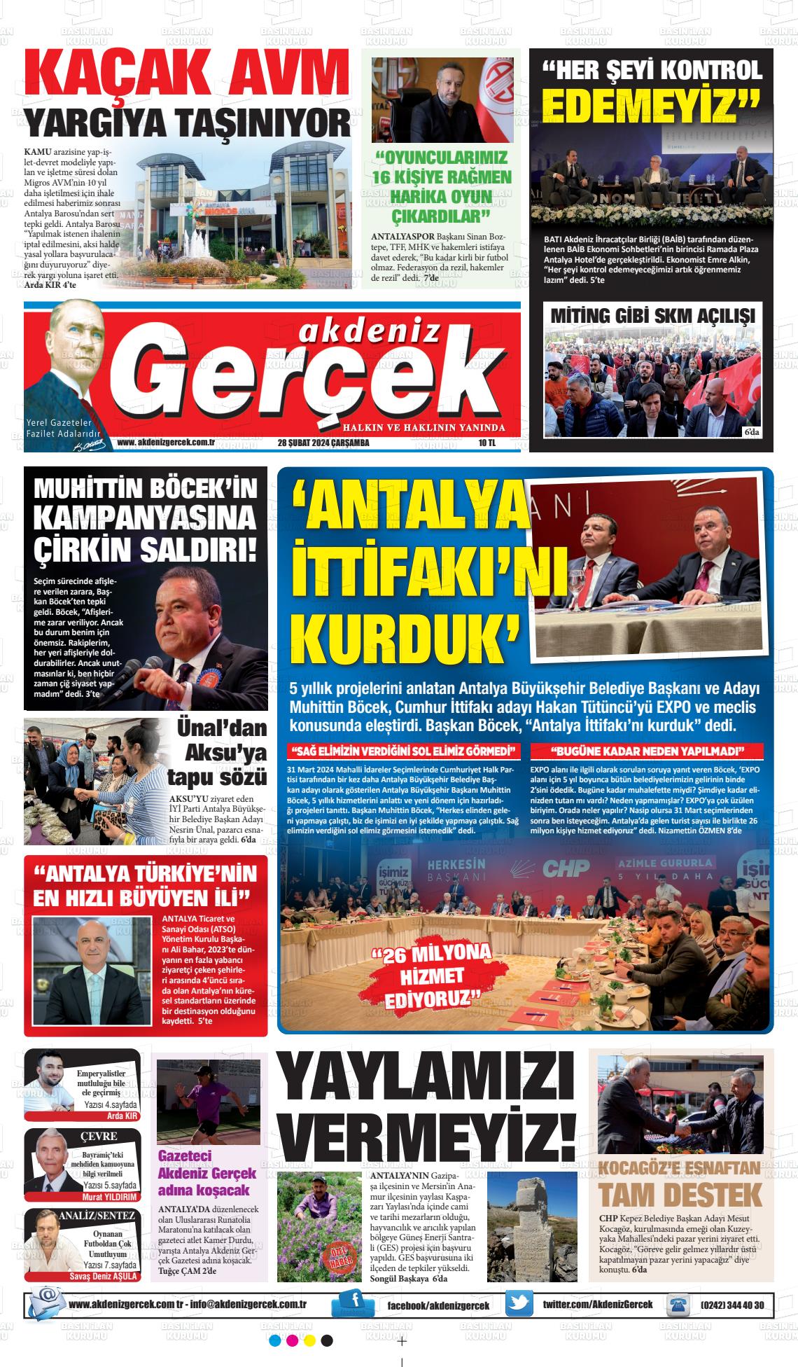 28 Şubat 2024 Akdeniz Gerçek Gazete Manşeti