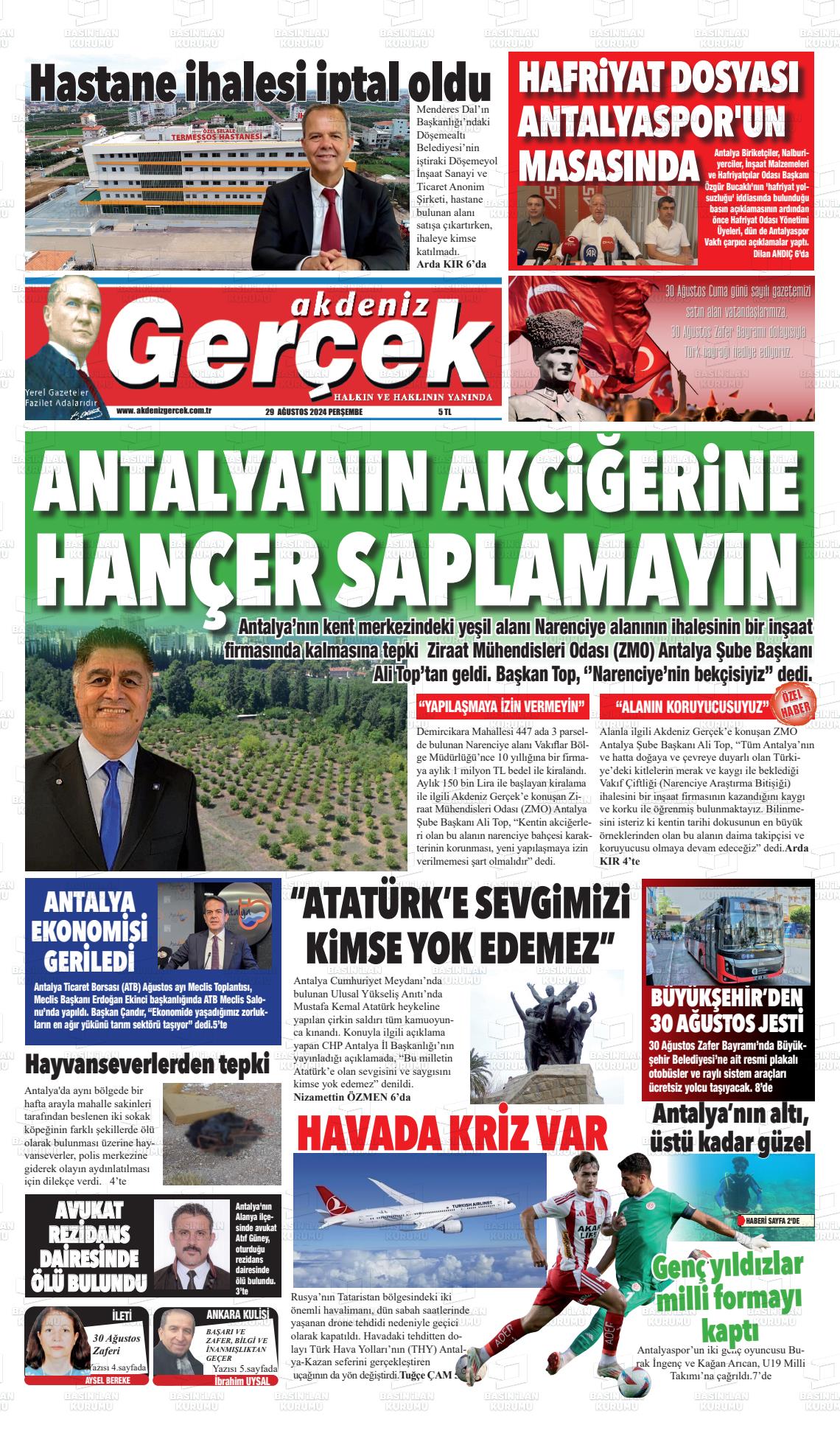 29 Ağustos 2024 Akdeniz Gerçek Gazete Manşeti