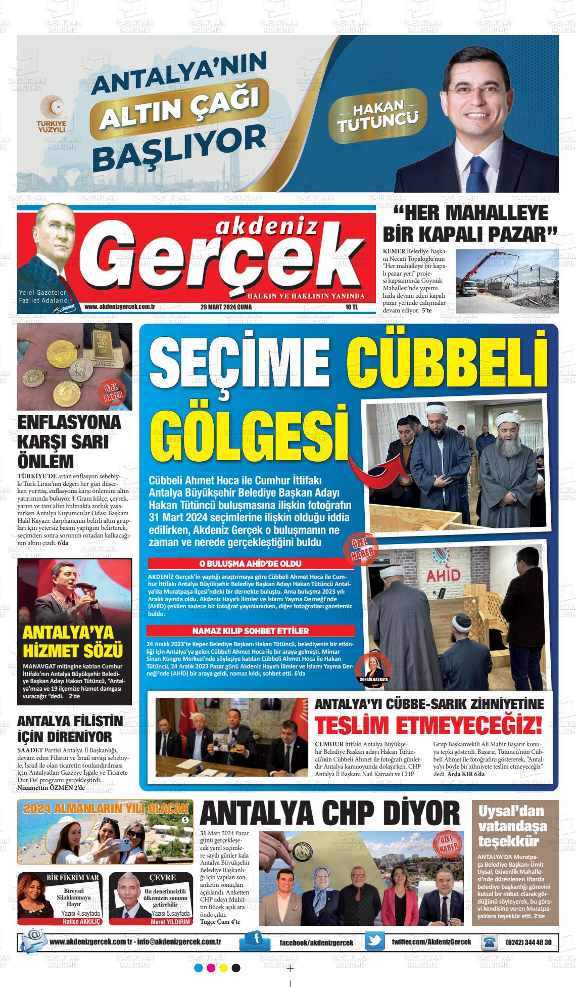 29 Mart 2024 Akdeniz Gerçek Gazete Manşeti