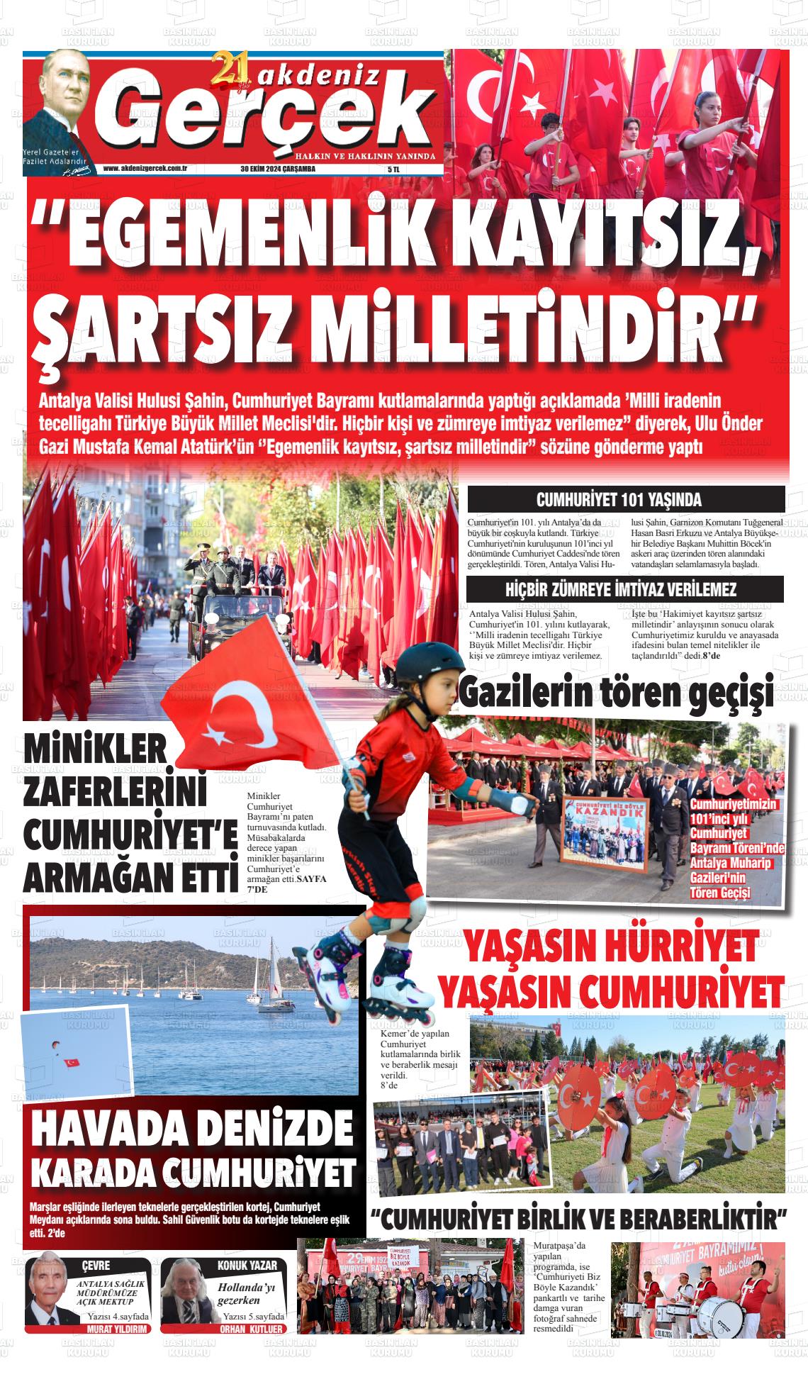 30 Ekim 2024 Akdeniz Gerçek Gazete Manşeti