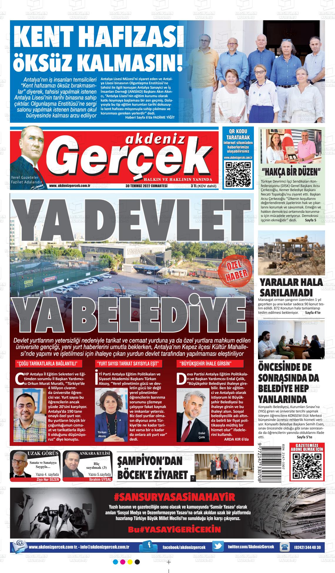 30 Temmuz 2022 Akdeniz Gerçek Gazete Manşeti