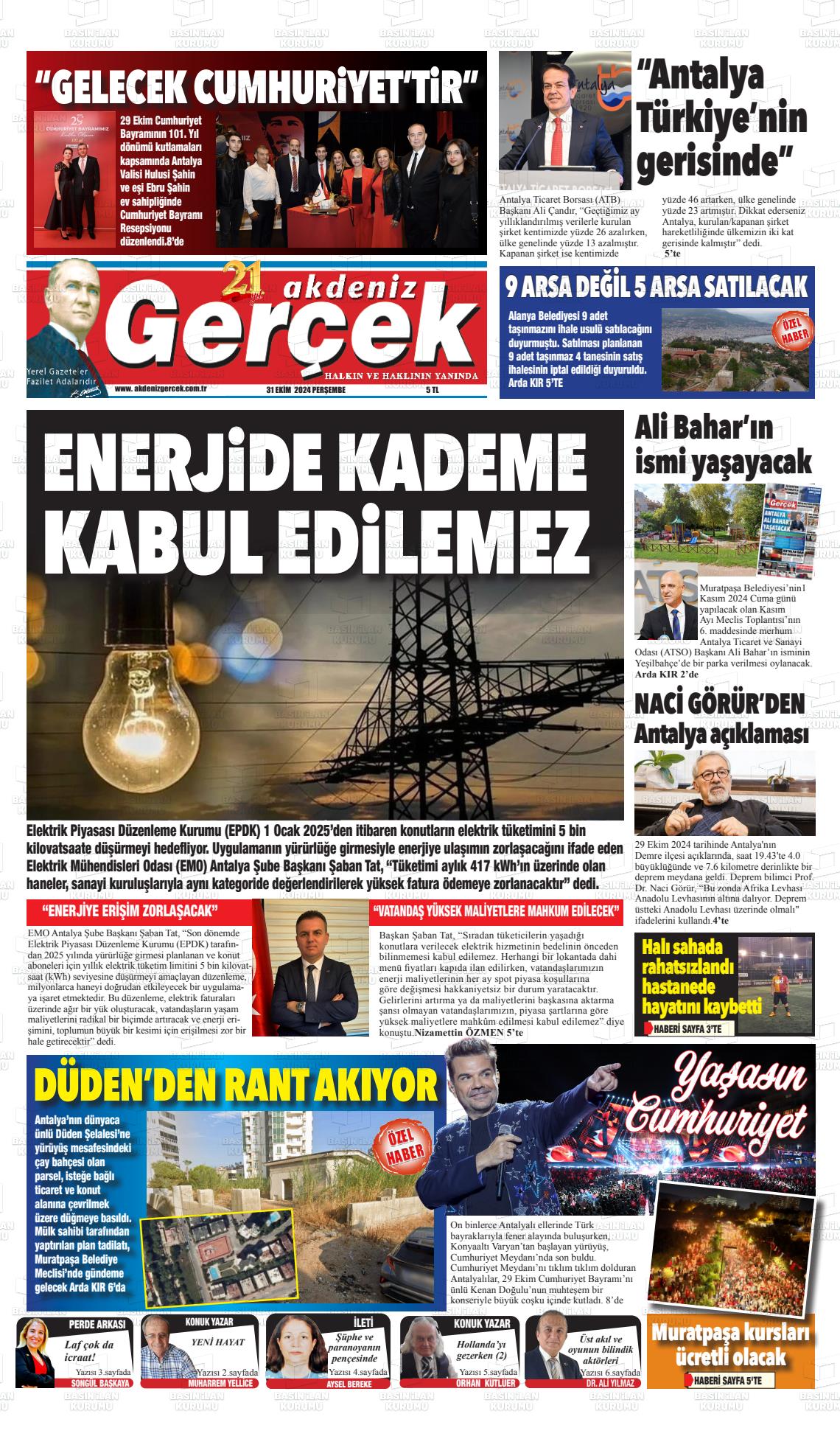 31 Ekim 2024 Akdeniz Gerçek Gazete Manşeti