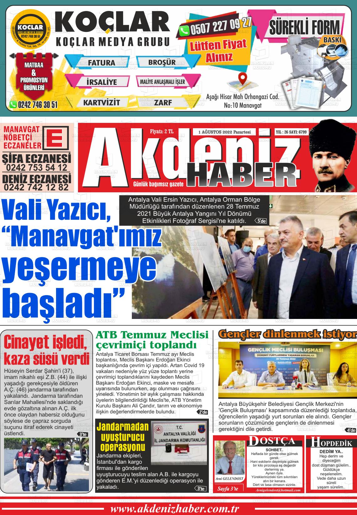 01 Ağustos 2022 Akdeniz Haber Gazete Manşeti