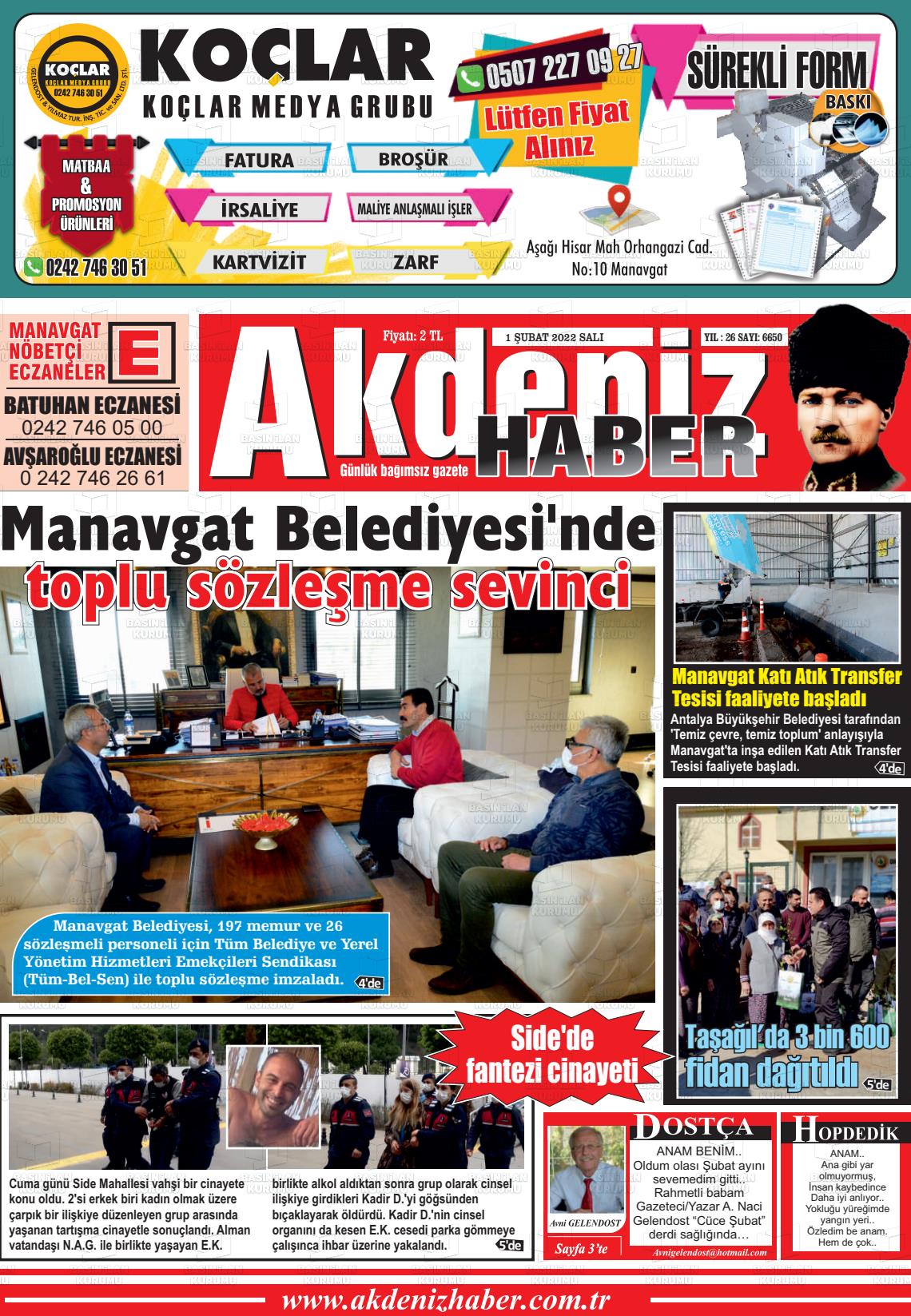 01 Şubat 2022 Akdeniz Haber Gazete Manşeti