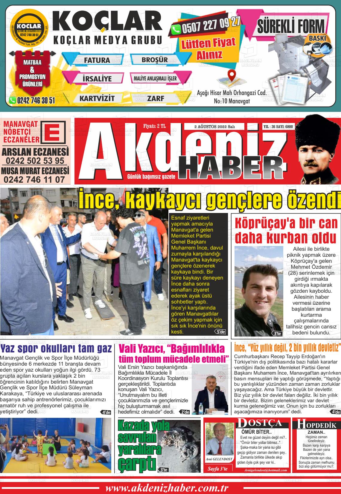 02 Ağustos 2022 Akdeniz Haber Gazete Manşeti