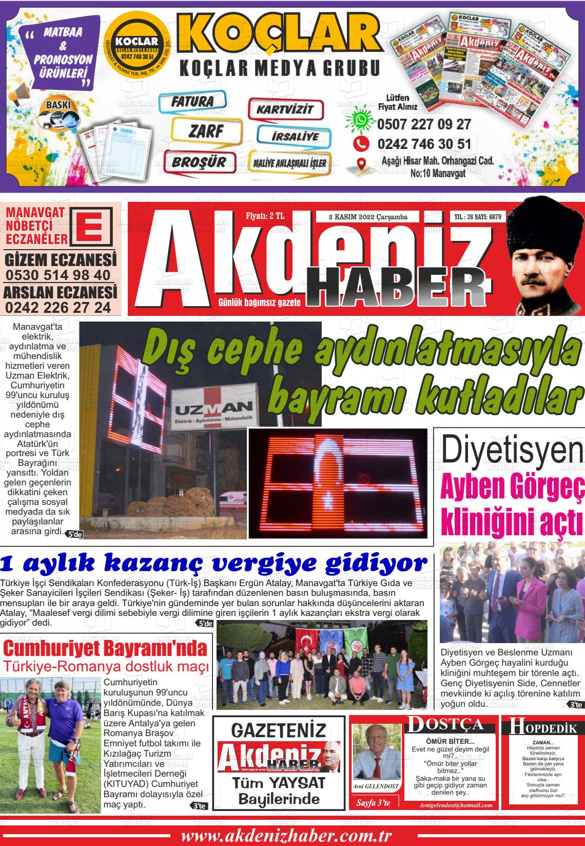 02 Kasım 2022 Akdeniz Haber Gazete Manşeti