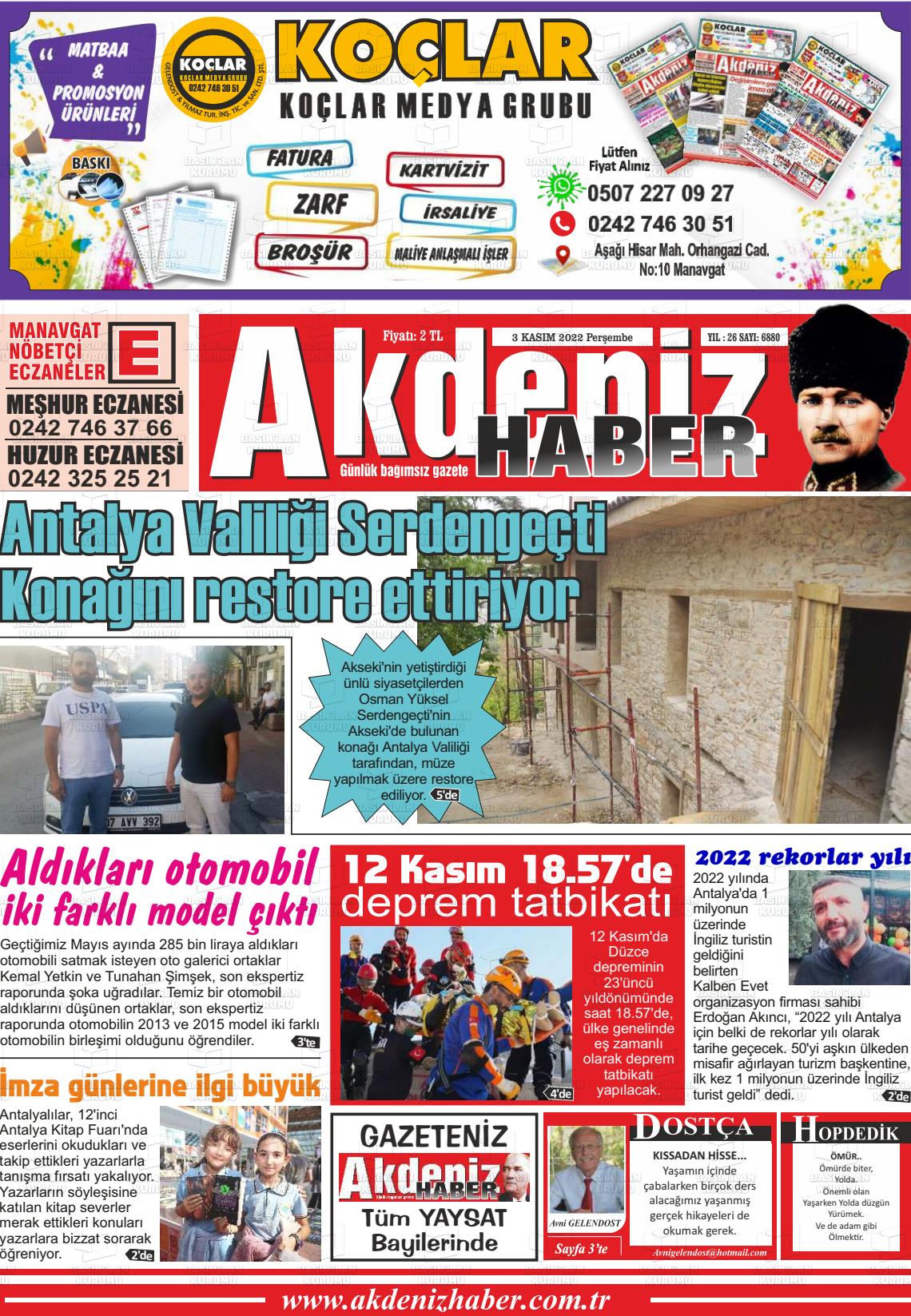 03 Kasım 2022 Akdeniz Haber Gazete Manşeti