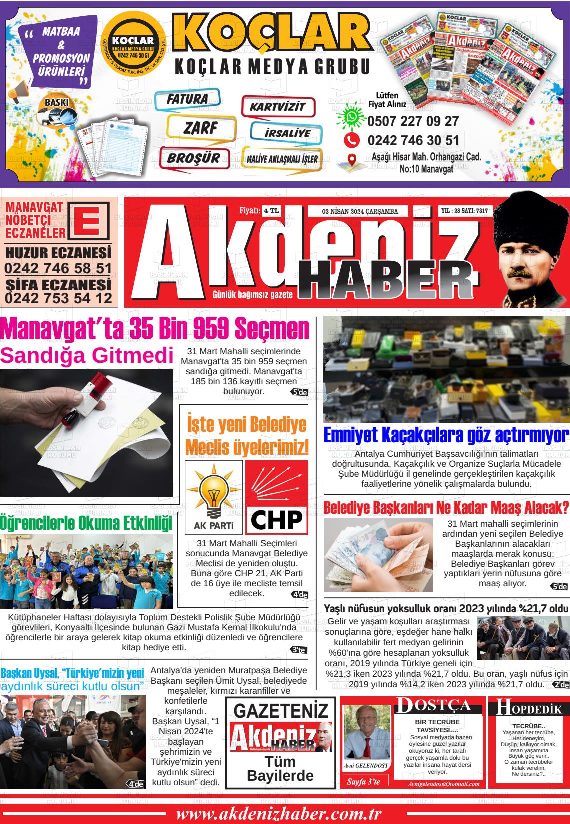 03 Nisan 2024 Akdeniz Haber Gazete Manşeti