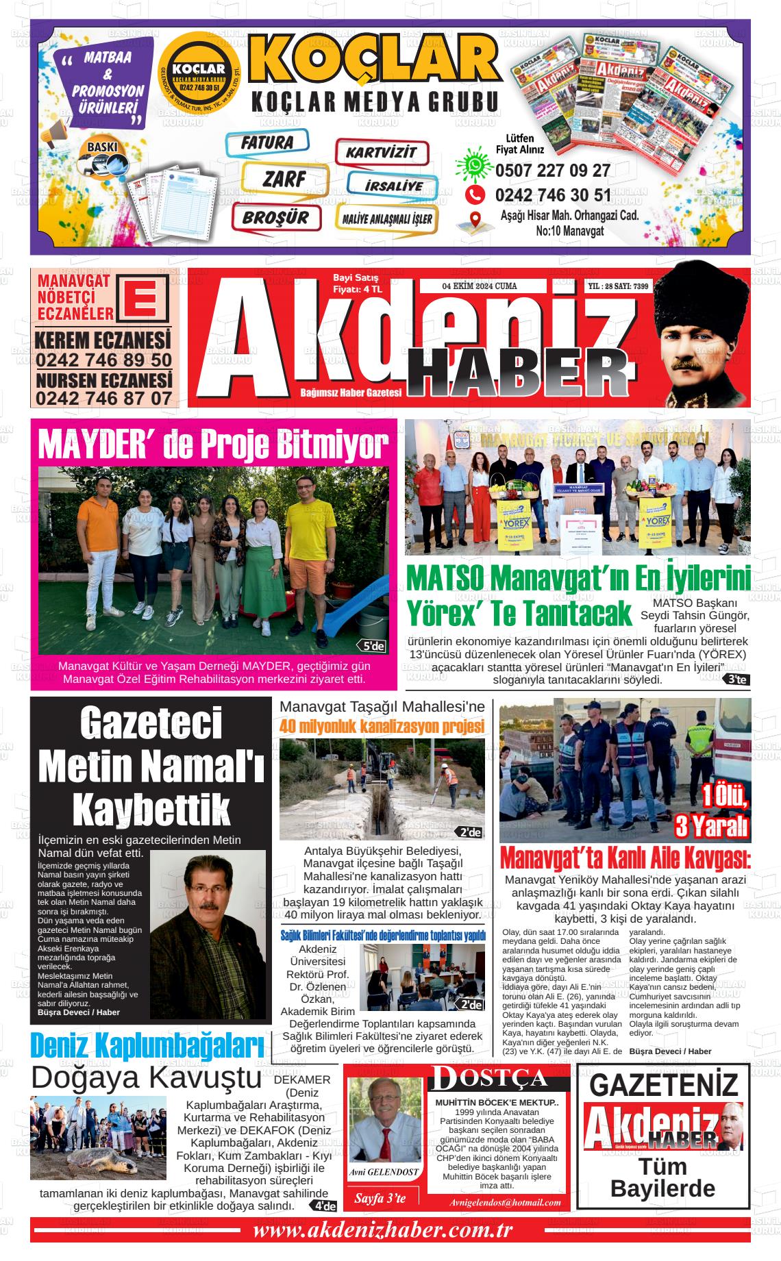 04 Ekim 2024 Akdeniz Haber Gazete Manşeti