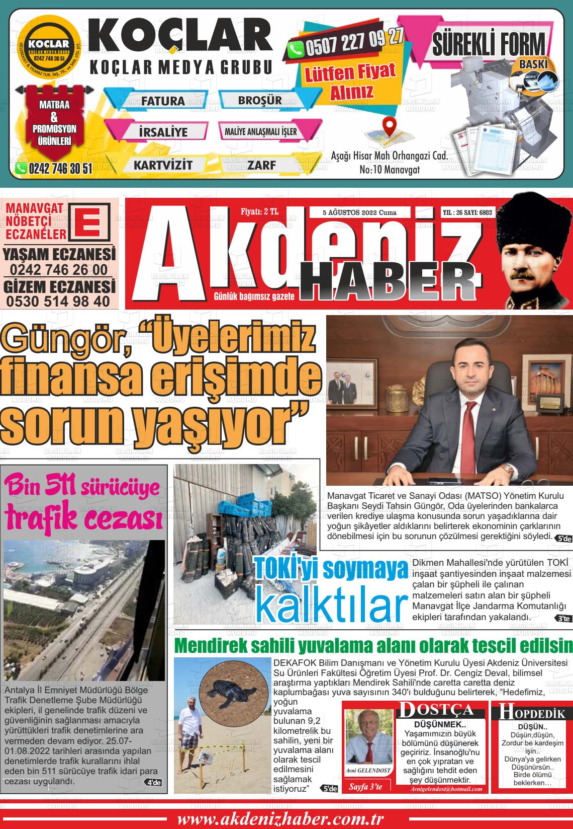 05 Ağustos 2022 Akdeniz Haber Gazete Manşeti