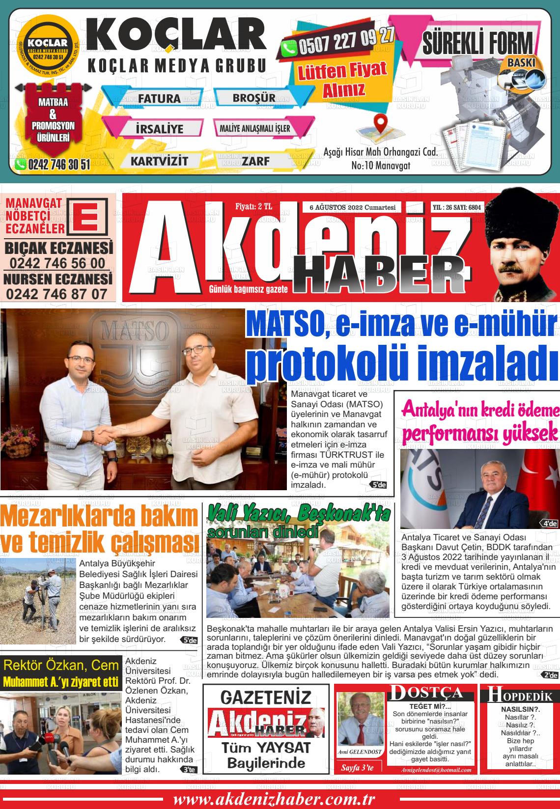 06 Ağustos 2022 Akdeniz Haber Gazete Manşeti