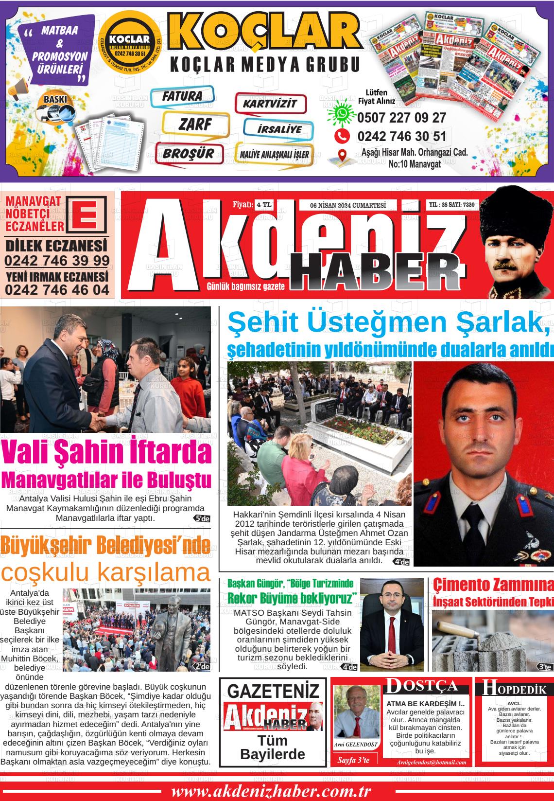 06 Nisan 2024 Akdeniz Haber Gazete Manşeti