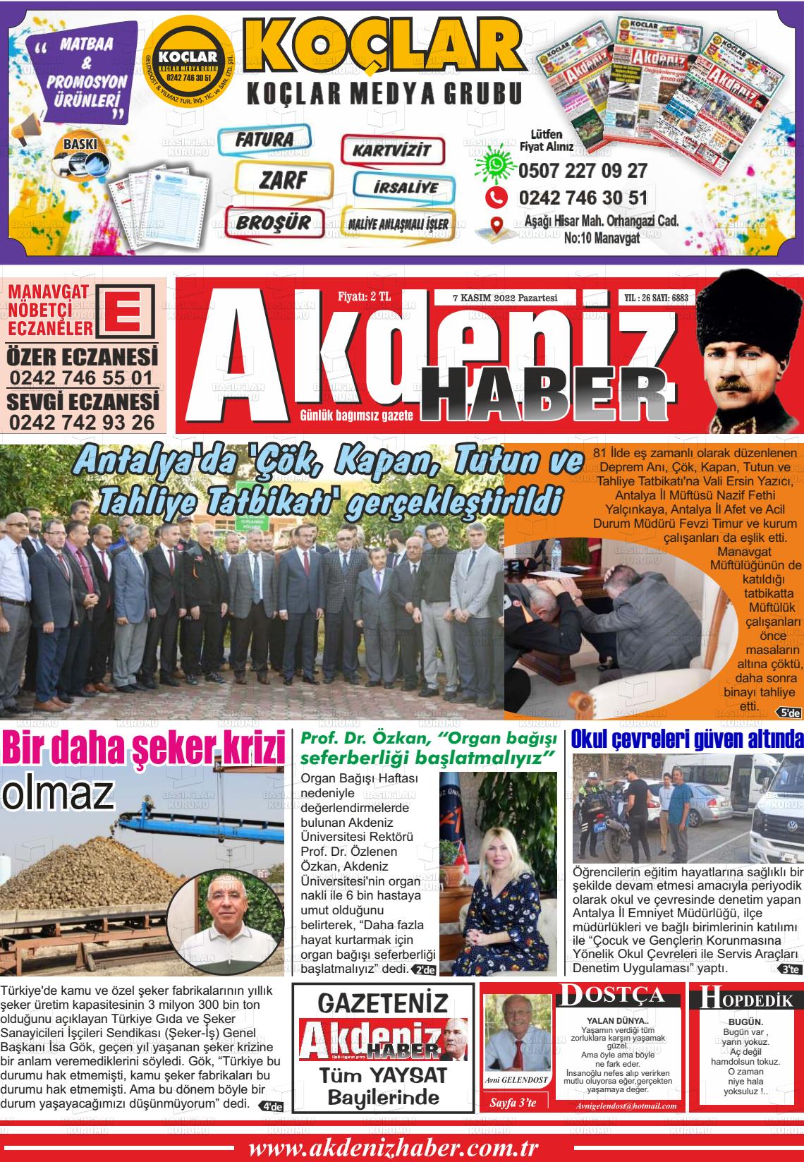 07 Kasım 2022 Akdeniz Haber Gazete Manşeti