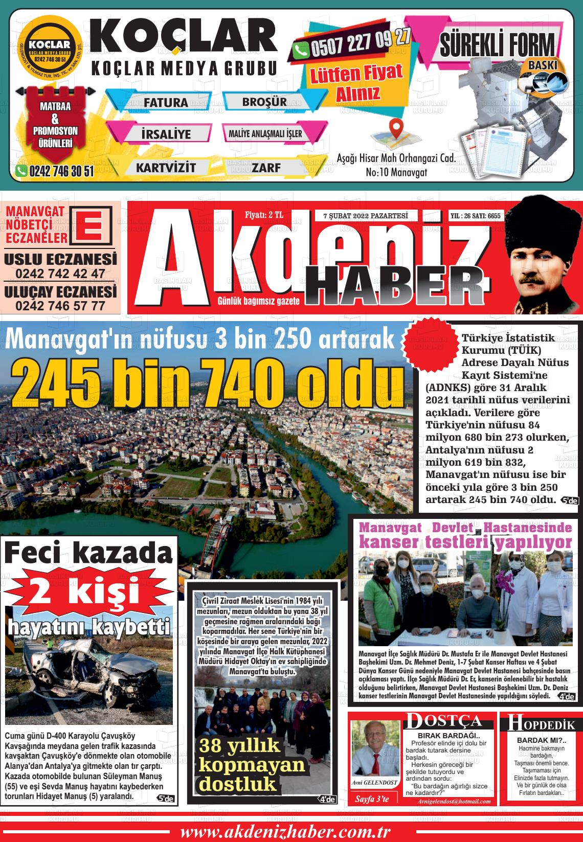 07 Şubat 2022 Akdeniz Haber Gazete Manşeti