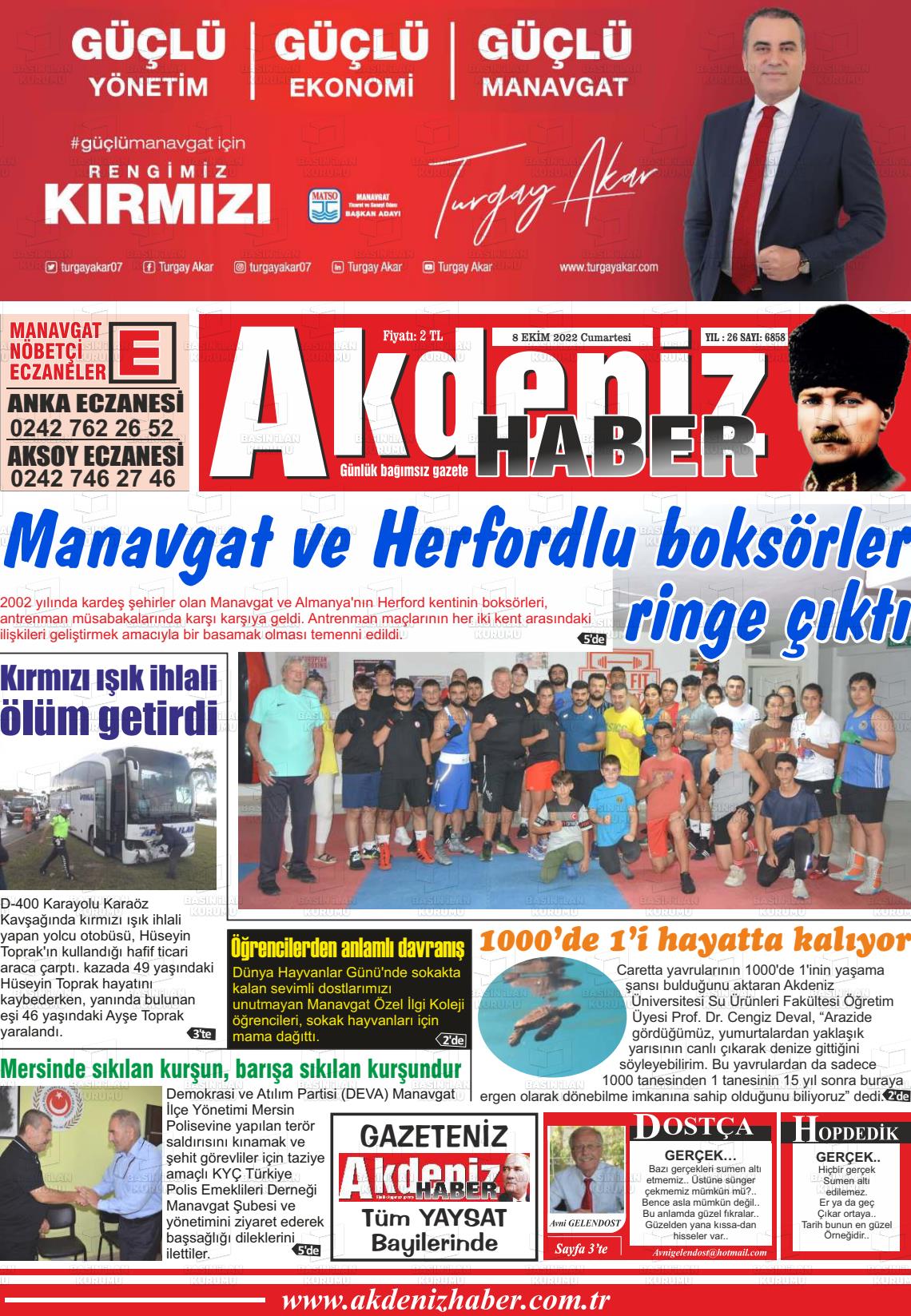 08 Ekim 2022 Akdeniz Haber Gazete Manşeti