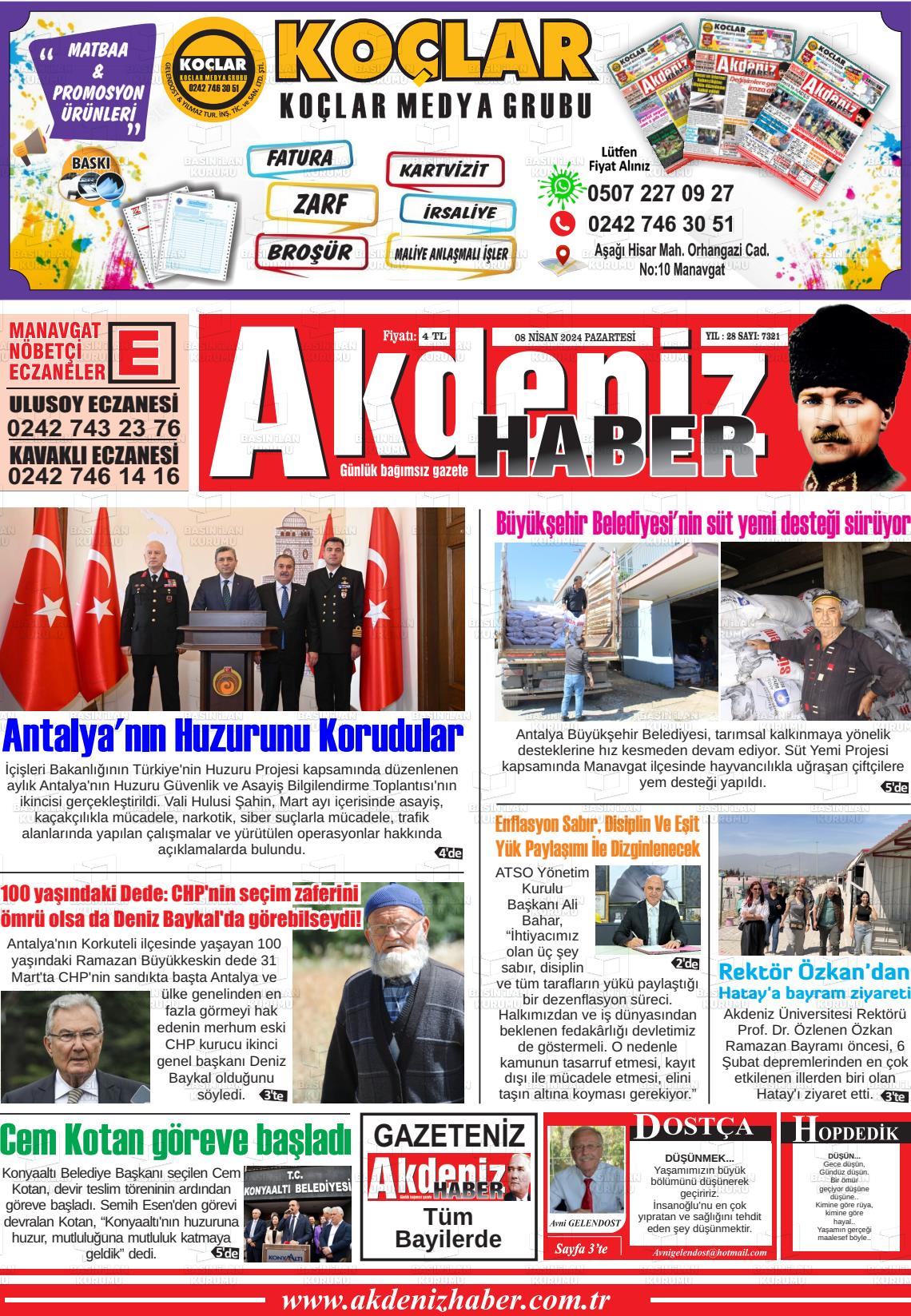 08 Nisan 2024 Akdeniz Haber Gazete Manşeti