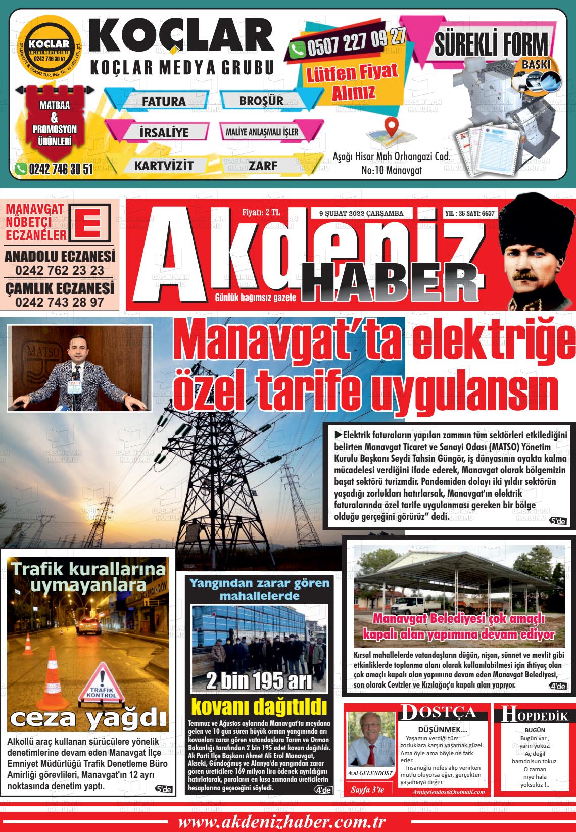 09 Şubat 2022 Akdeniz Haber Gazete Manşeti